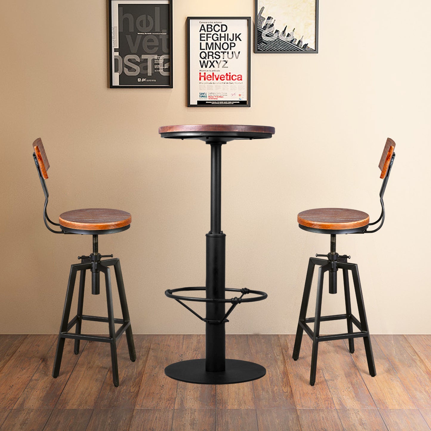 SET OF 3, Farmhouse Bar Table(42.2inch) and 2 Bar Stools with Backrest(25.6-31.5inch ) Pub Bistro Table for Kitchen Dinning Room Coffee House Office(BLACK)