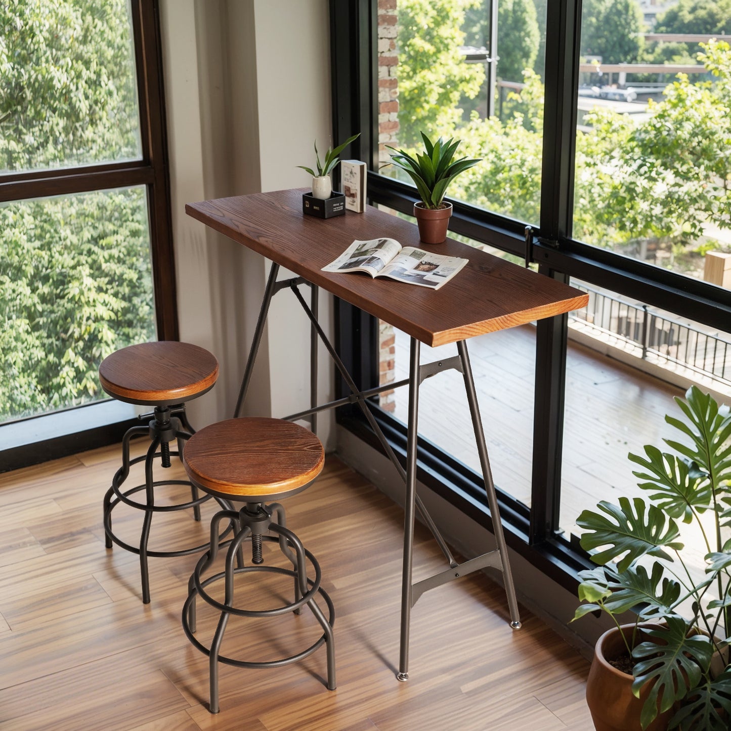 Set of 3, Table & Chairs Set for Home Office Cafe Pub Bar Party Bistro, Rectangular Dining Table for 2-4, Two Swivel Adjustable Stools, Heavy Duty Metal & Wood, Rustic Industrial, Black& Brown