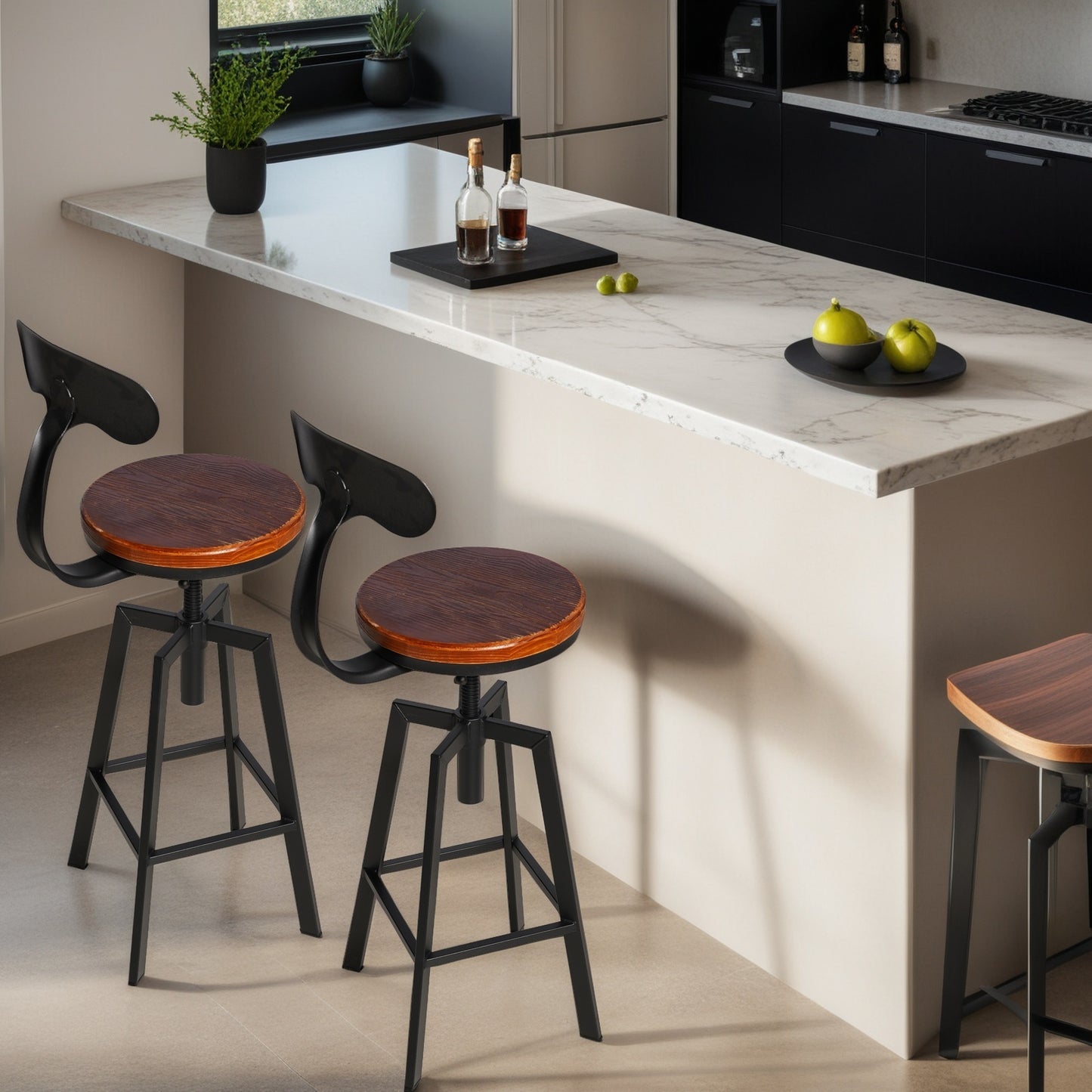 SET OF 2,24.8"-28.74" Tall Adjustable Swivel Stools with Iron Backrest Industrial Farmhouse Bar Stools Home Kitchen Dining Breakfast Chair,Brown Seat Top