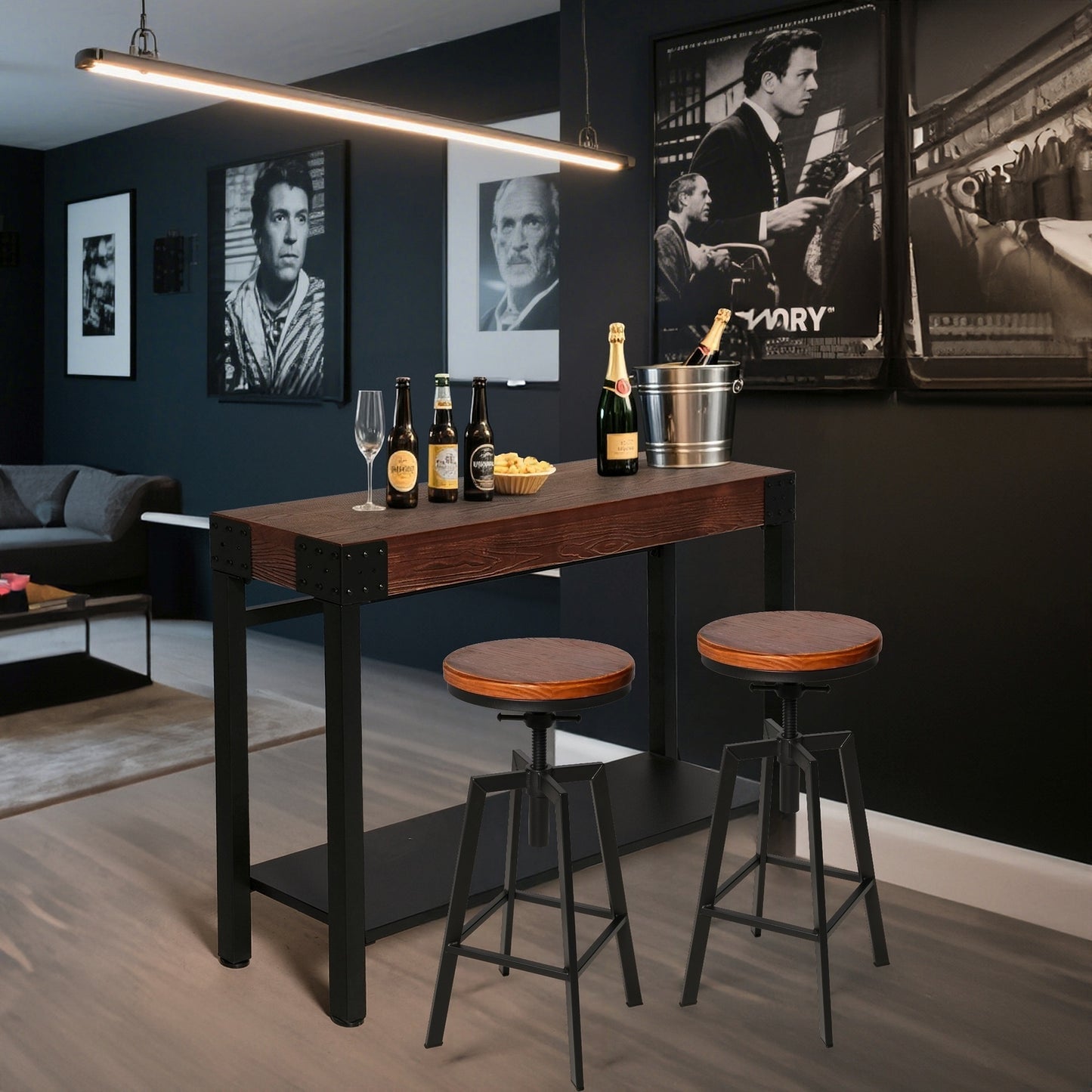 SET OF 2,24.8"-28.74" Tall Adjustable Swivel Stools Industrial Farmhouse Bar Stools Home Kitchen Dining Breakfast Chair,Brown Seat Top