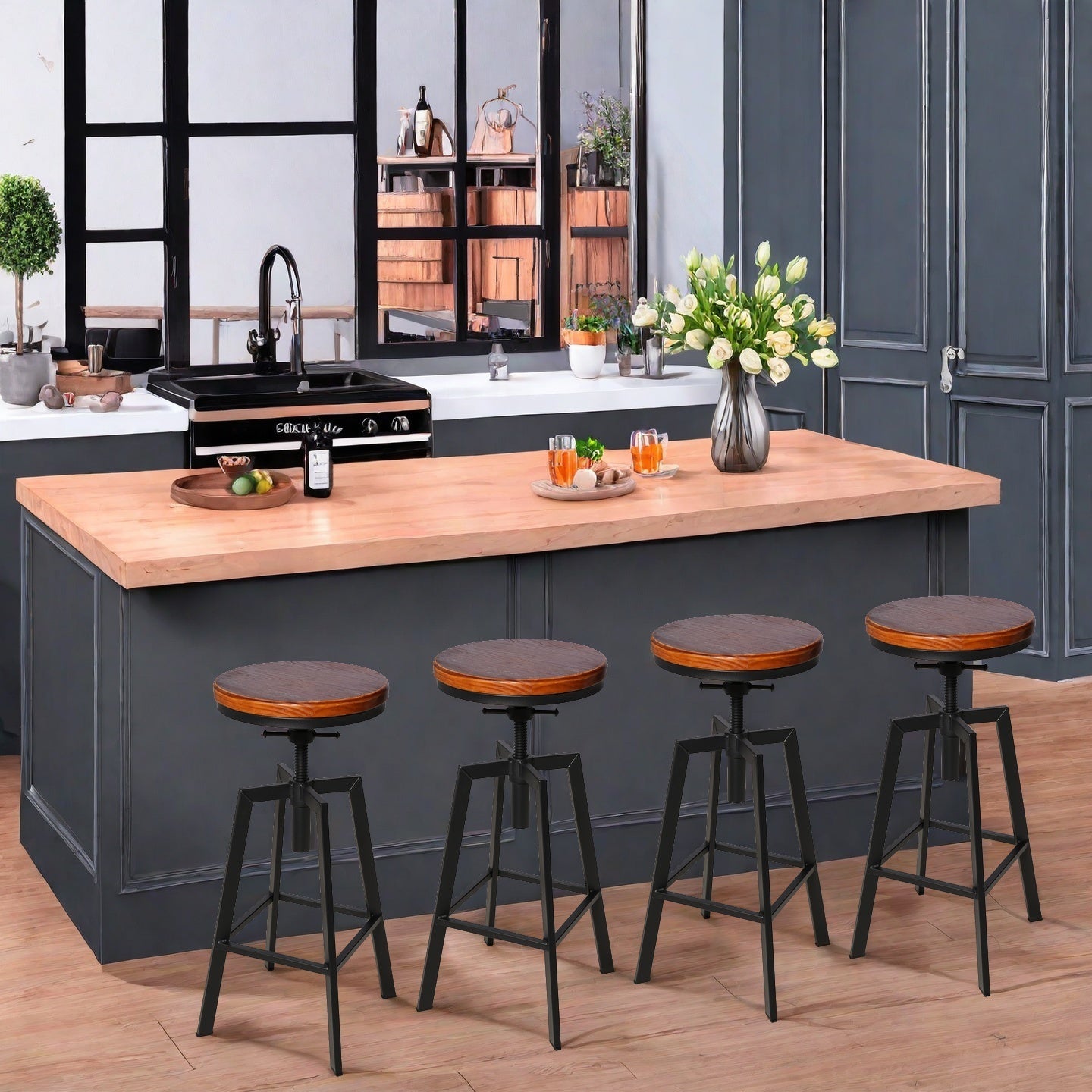 SET OF 4,24.8"-28.74" Tall Adjustable Swivel Stools Industrial Farmhouse Bar Stools Home Kitchen Dining Breakfast Chair,Brown Seat Top