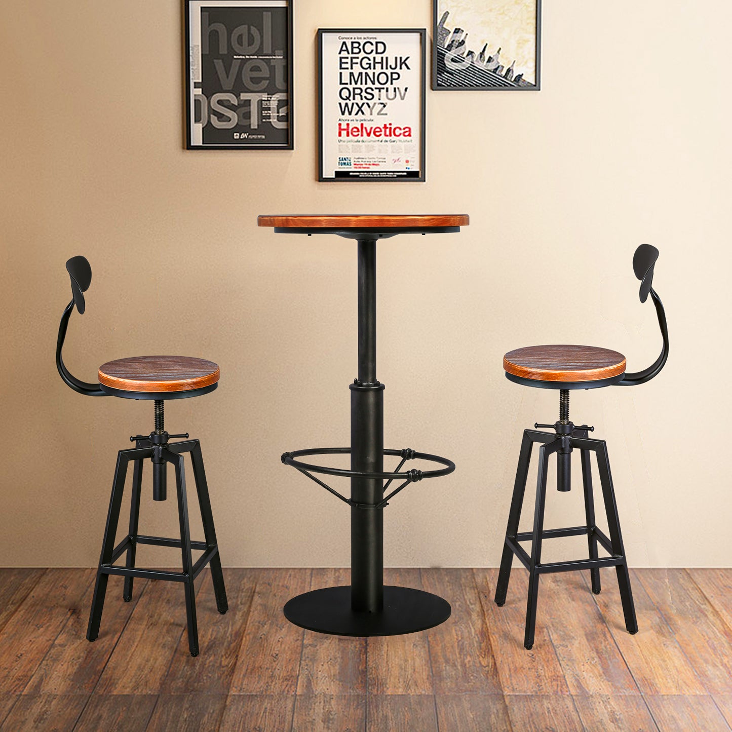 SET OF 3, Farmhouse Bar Table(42.2inch) and 2 Bar Stools with  Backrest(25.6-31.5inch ) Pub Bistro Table for Kitchen Dinning Room Coffee House Office(BLACK)