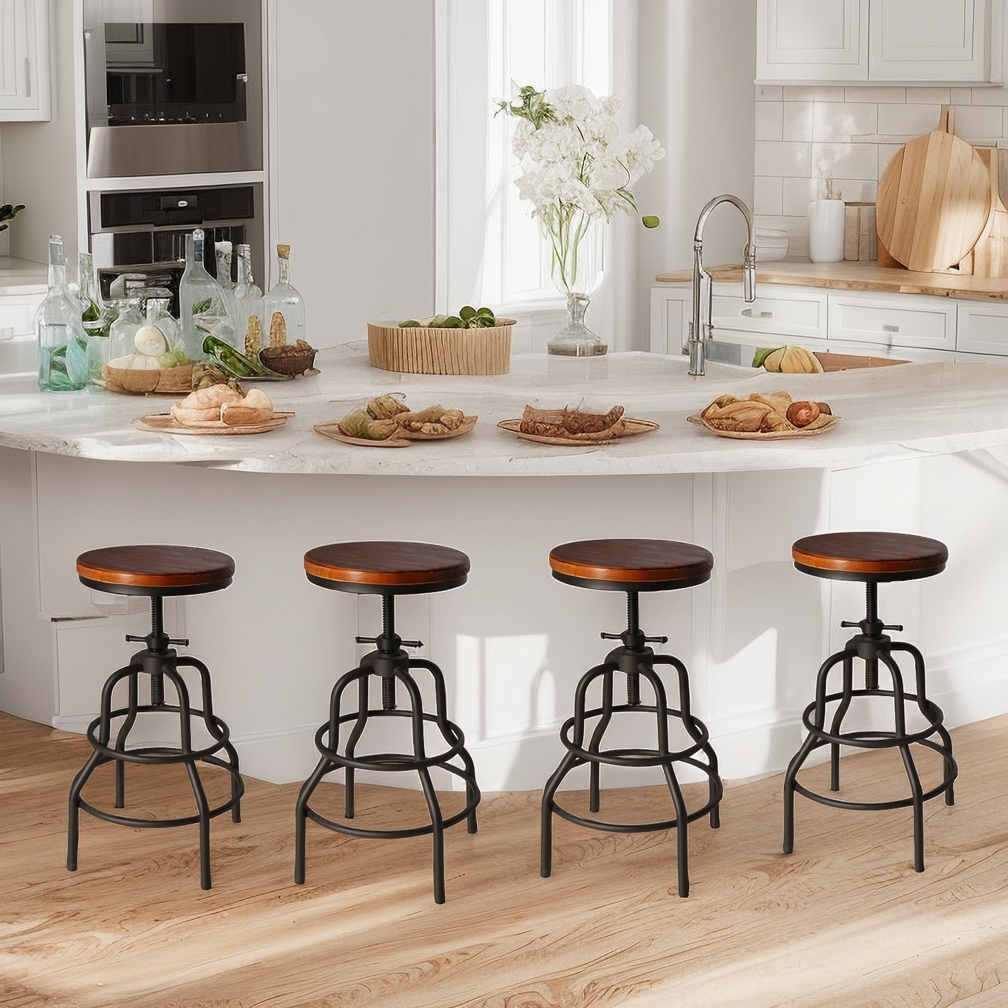 Vintage Industrial Bar Stool-Rustic Swivel Bar Stool-Round Wood Metal Stool-Counter/Bar Height Adjustable Pipe Stool-Cast Steel Stool 23.62"-29.52" (Set of 4)