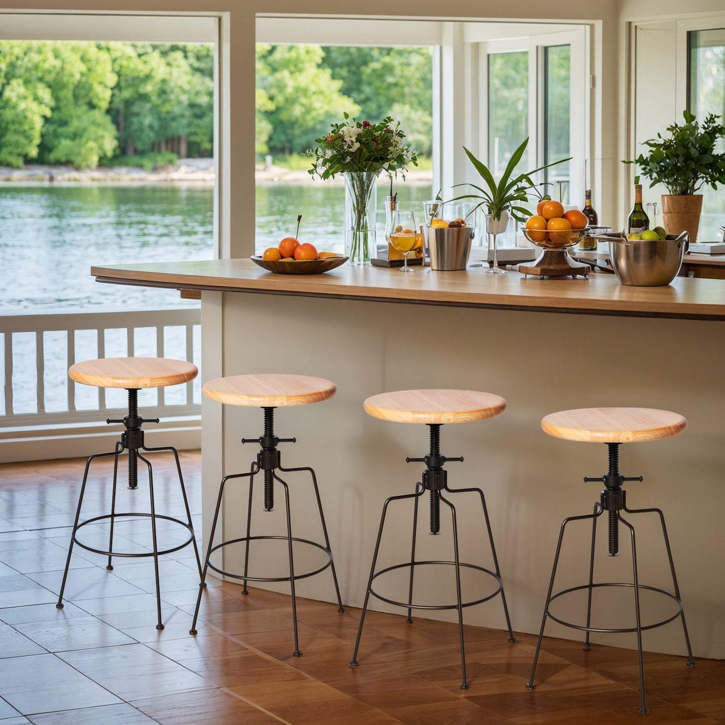 Set of 2 ,Solid Wood Metal Breakfast Stools, 22.8"-26.8" Barstools for Dining Room Kitchen Home Counter Bar Height Adjustable Swivel Round Seat 4 Legs