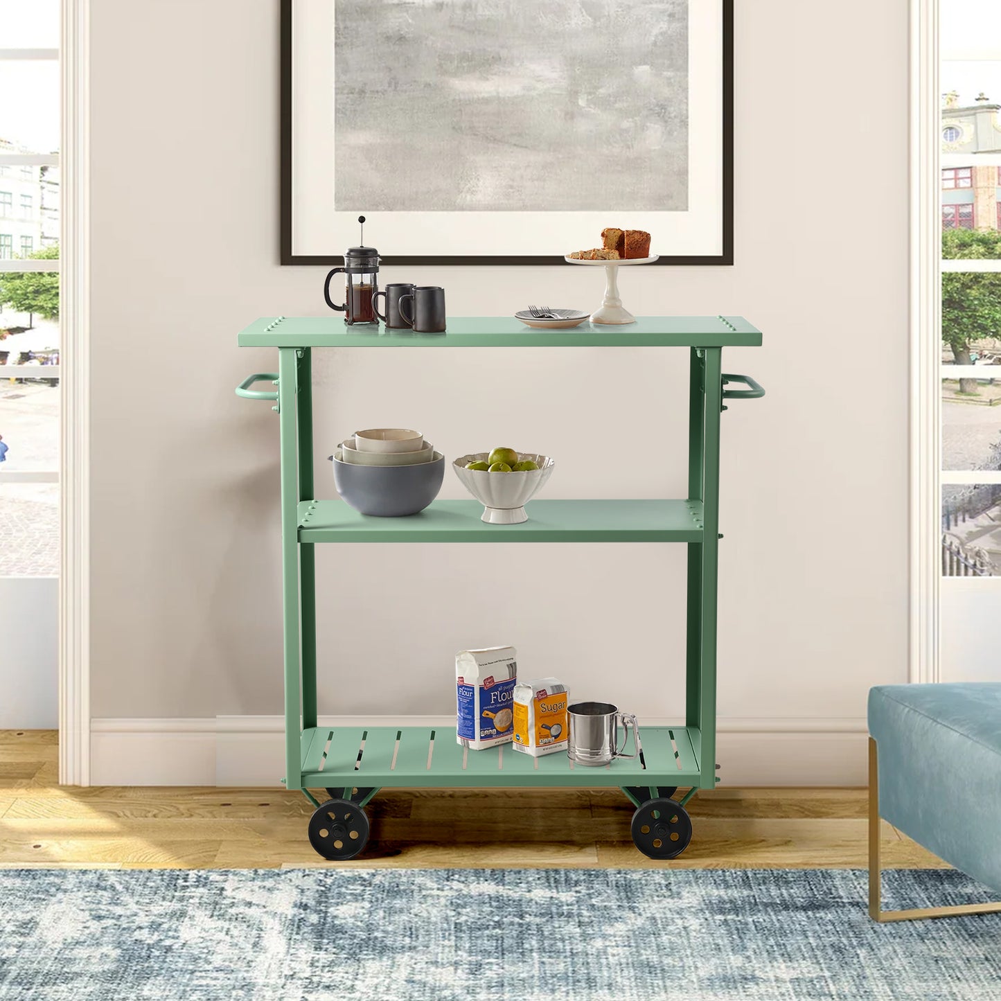 Industrial 3 Tier Mobile Bar Cart Rustic Metal Serving Cart with Wheels and Side Handles Vintage Rolling Kitchen Stand Cart-39.37" Lx15.75"Wx41.34" H,3 Tier with 2 Side Handle