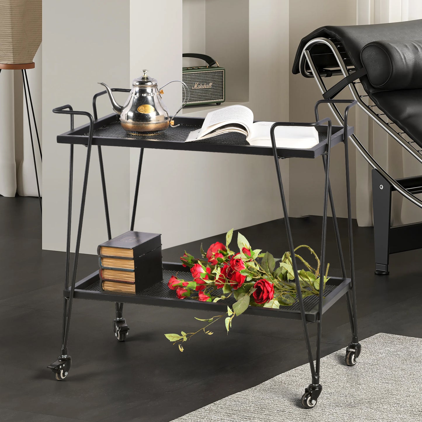 Modern Kitchen Bar Cart on Wheels Metal Rolling Serving Carts with 2 Tier for Storage Mobile Kitchen Island with Lockable Casters and Side Handle for Outdoor& Indoor(Black)