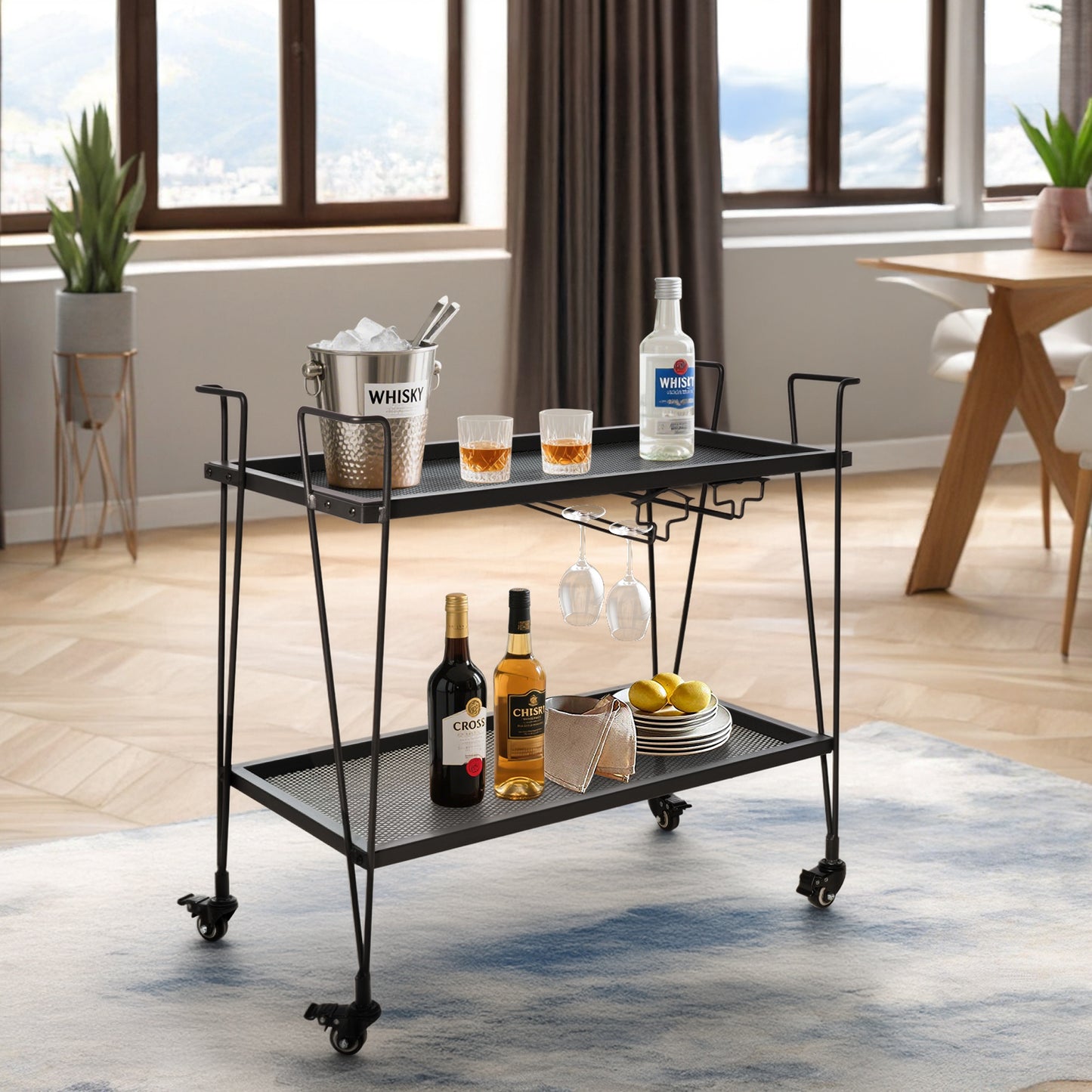 Modern Kitchen Bar Cart on Wheels With wine glass rack Metal Rolling Serving Carts with 2 Tier for Storage Mobile Kitchen Island with Lockable Casters and Side Handle for Outdoor& Indoor(Black)
