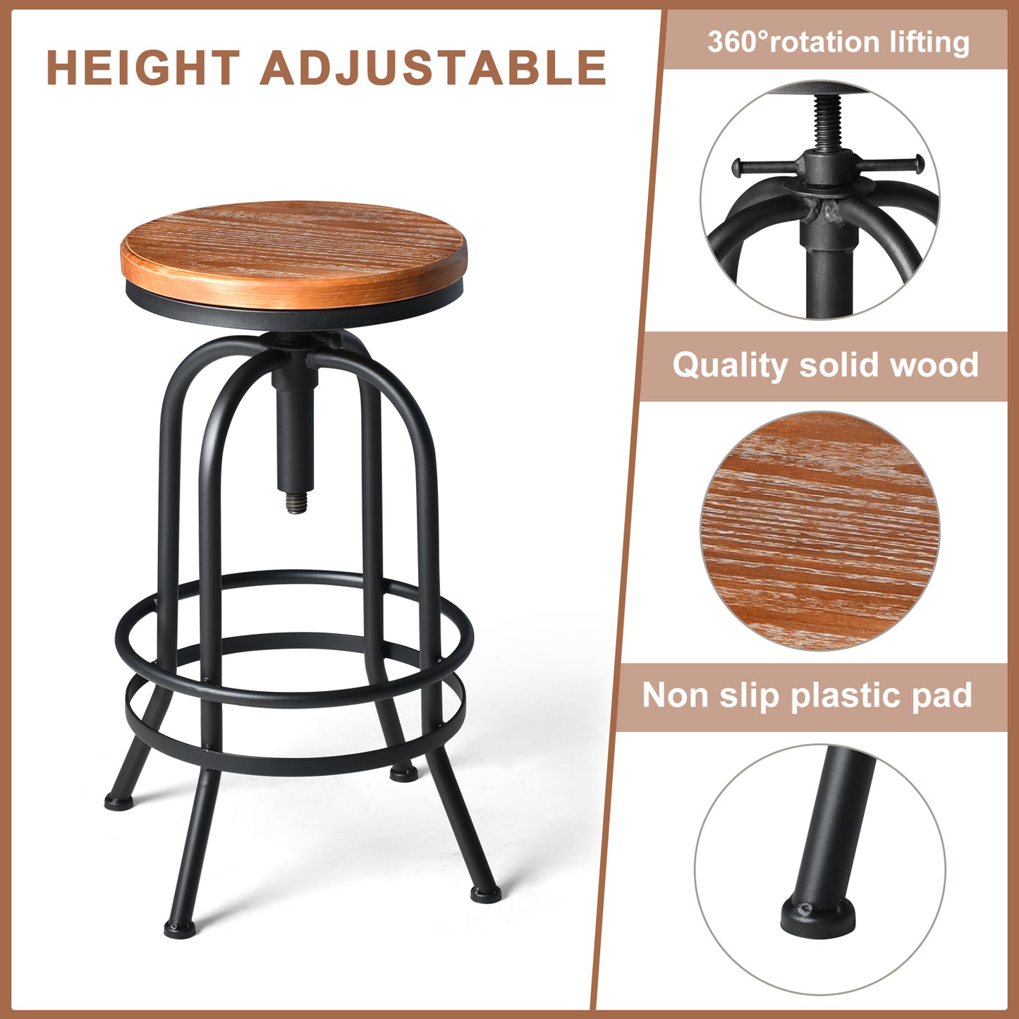 SET OF 2,32 inch Vintage Industrial Bar Stool-Metal Wood Swivel Bar Stool-Retro Bar Height Stool-Counter Height Adjustable Kitchen Stools-Set of 2-Extra Tall Pub Height 26-32 Inch,Fully Welded