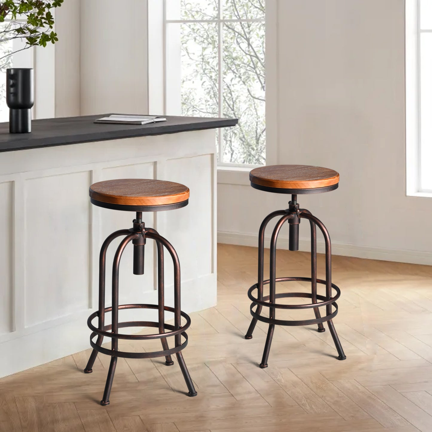 SET OF 2,32 inch Vintage Industrial Bar Stool-Metal Wood Swivel Bar Stool-Retro Bar Height Stool-Counter Height Adjustable Kitchen Stools-Set of 2-Extra Tall Pub Height 26-32 Inch,Fully Welded