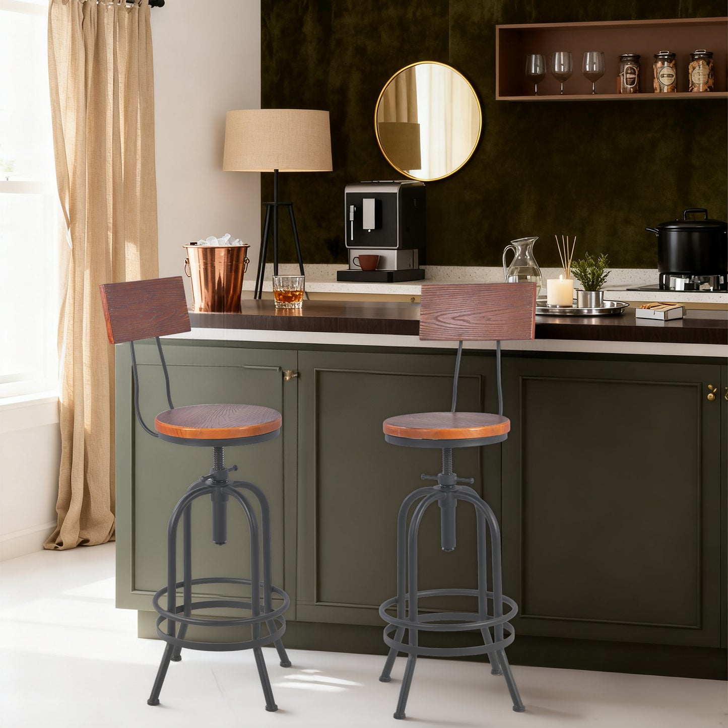 Set of 2,Industrial Bar Stools with Backrest-Swivel Wood Seat-Bar Counter Height Adjustable 26-32.3inch-Kitchen Island Dining Chair