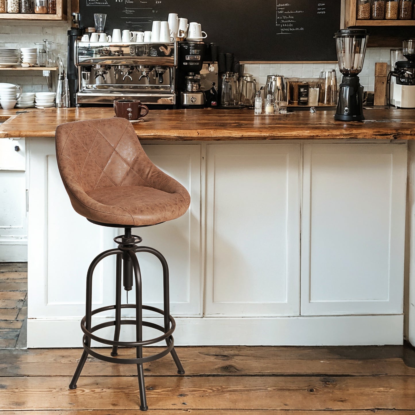 Industrial Bar Stool with Leather Backrest 29.53-35.43inch Height Adjustable Rustic Swivel Office Chairs Vintage Pub Stools for Kitchen Island Dining Room Living Room