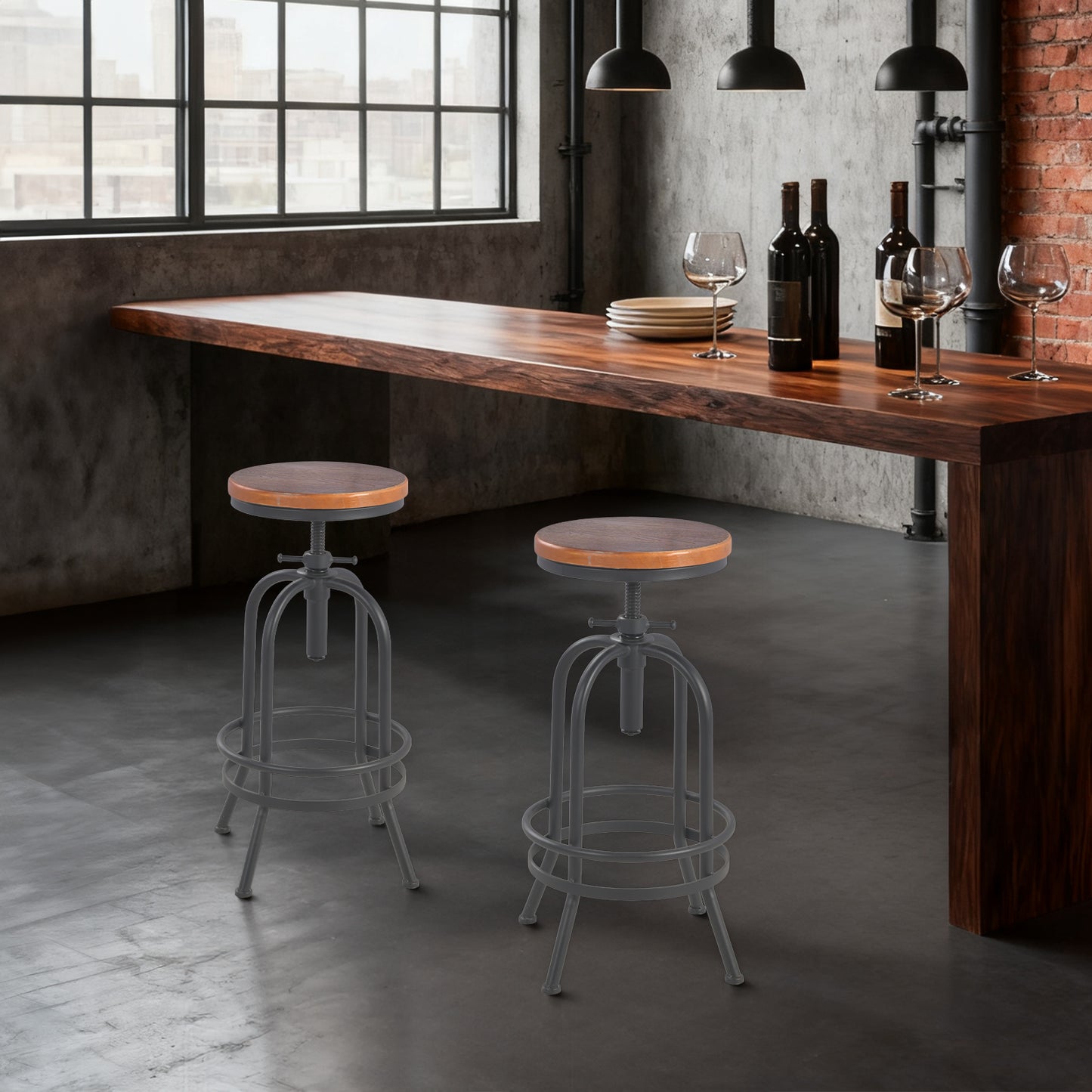 Set of 2, Industrial Bar Stool-Retro 26-32.3inch Swivel Stools-Extra Tall Kitchen Chair-Bar Counter Height Adjustable-Fully Welded (BLACK)