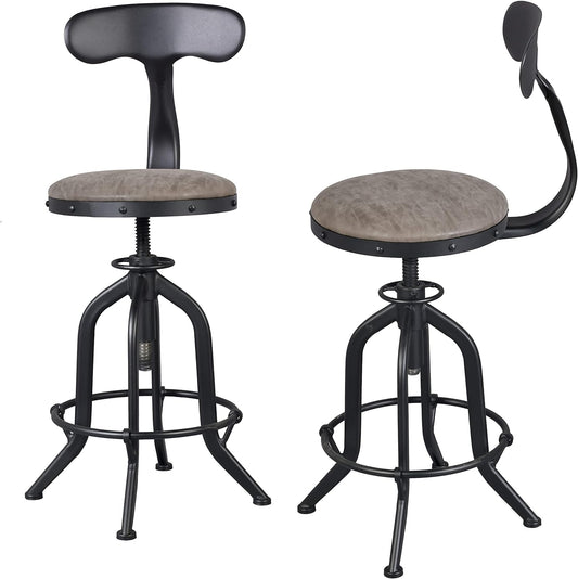 20.47-24.4 Inch Counter Height Stools with Iron Backs,Adjustable Bar Stools Black Metal Round PU Leather Seat,Rustic Industrial Kitchen Stools Farm Swivel Cafe Stool,Set of 2,Welded