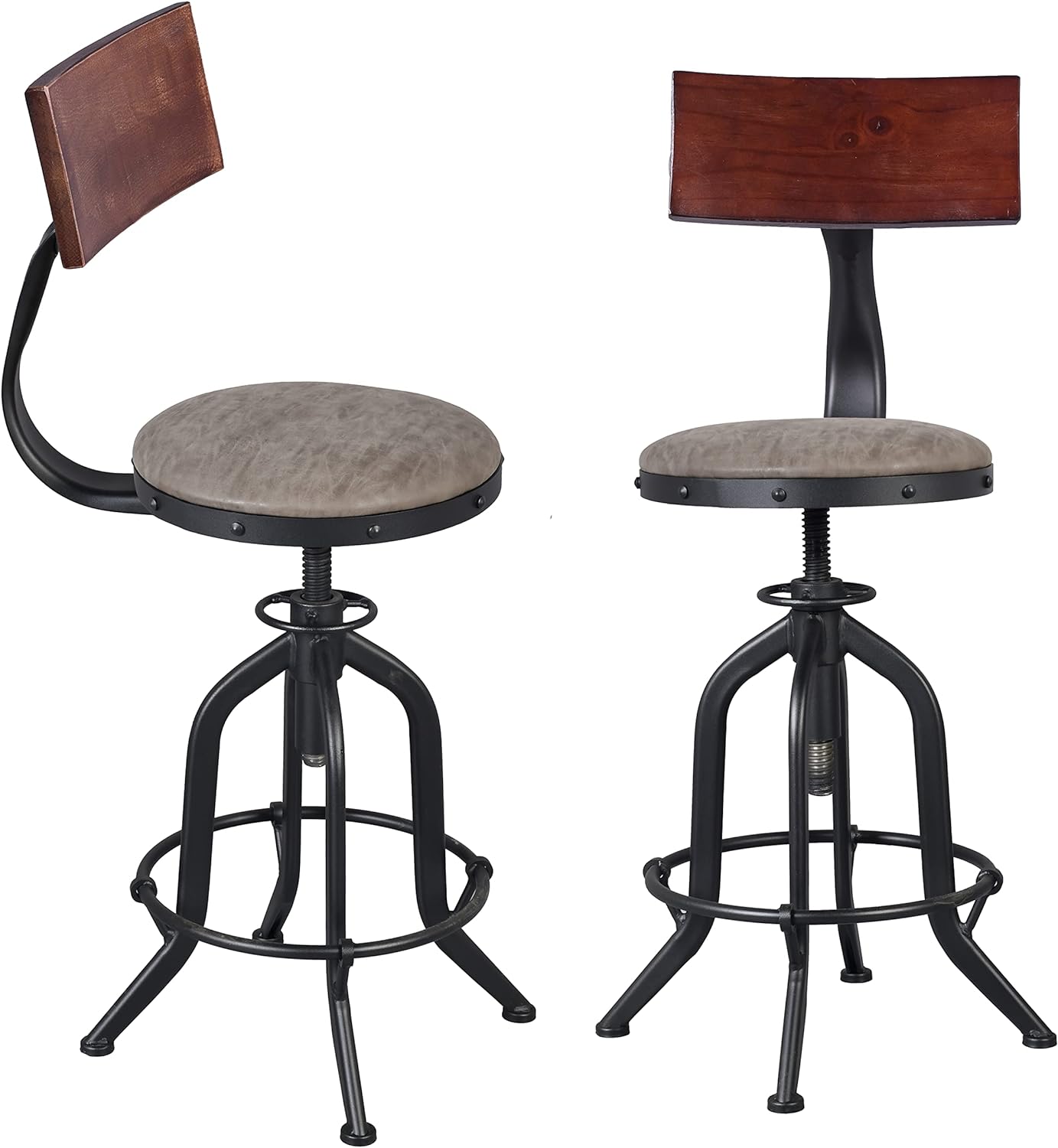 20.47-24.4 Inch Counter Height Stools with Iron Backs,Adjustable Bar Stools Black Metal Round PU Leather Seat,Rustic Industrial Kitchen Stools Farm Swivel Cafe Stool,Set of 2,Welded