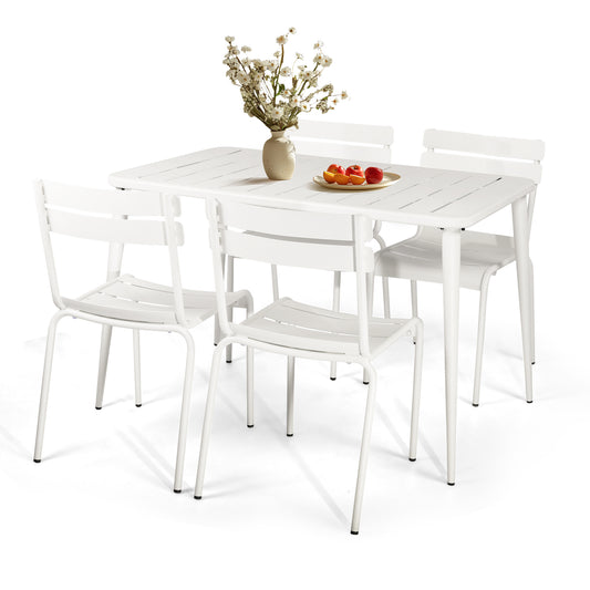 SET OF 5,Patio Bistro Metal Dining Table Set , 4 Chairs with back, 1 Outdoor Steel Slat Rectangle Table , 47.2" Lx23.6"Wx30"H, Furniture Table for Backyard, Garden, Lawn and Porch (WHITE)