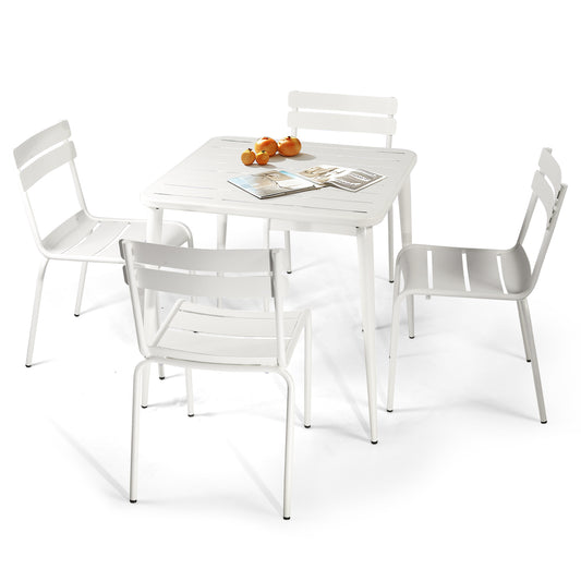 SET OF 5,Patio Bistro Metal Dining Table Set , 4 Chairs with back, 1 Outdoor Steel Slat Square Table , 27.5" Lx27.5"Wx30"H, Furniture Table for Backyard, Garden, Lawn and Porch (WHITE)