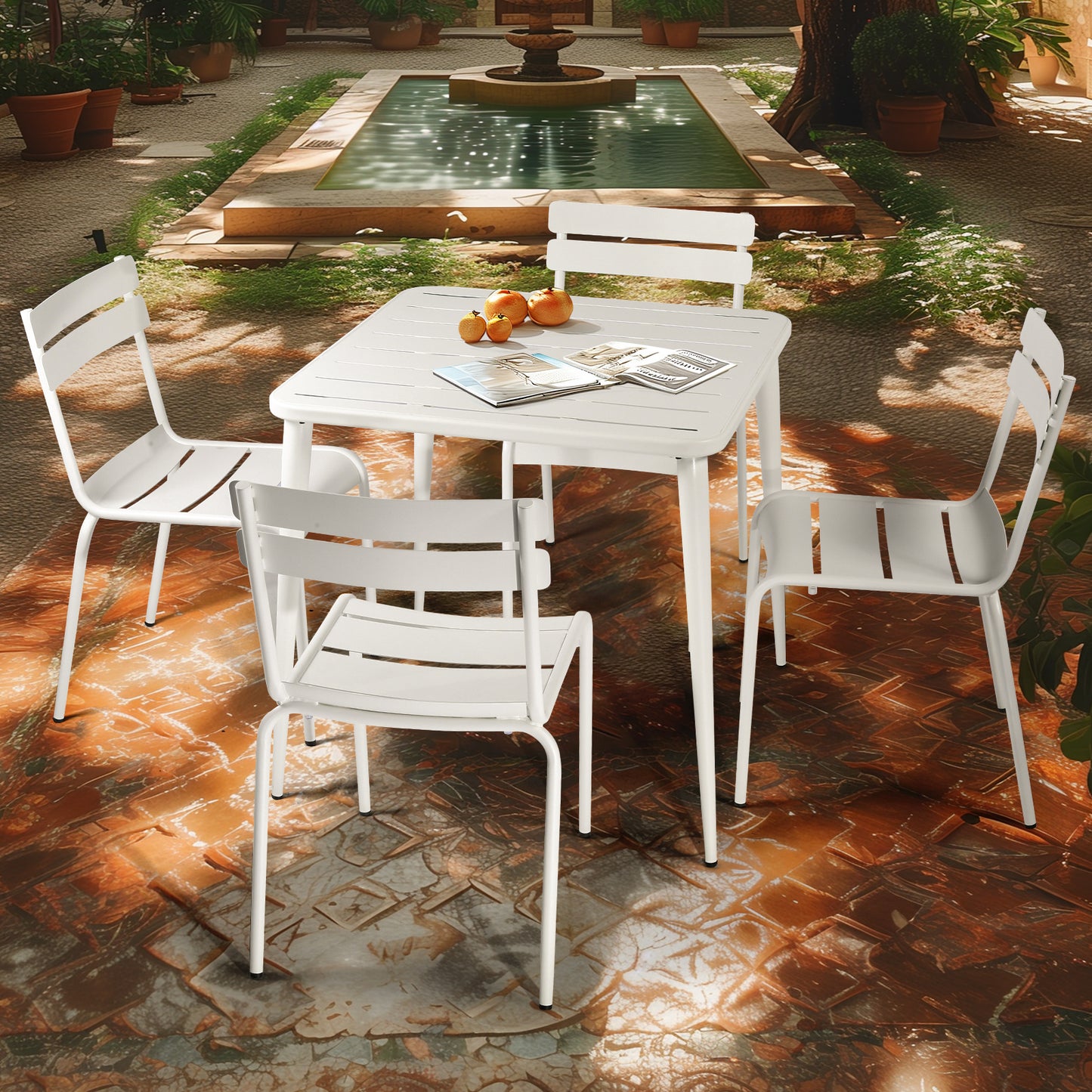 SET OF 5,Patio Bistro Metal Dining Table Set , 4 Chairs with back, 1 Outdoor Steel Slat Square Table , 27.5" Lx27.5"Wx30"H, Furniture Table for Backyard, Garden, Lawn and Porch (WHITE)