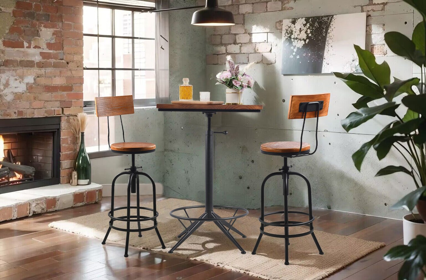 SET OF 3, Industrial Square Bar Bistro Table (30.3"-35.4") & 2 Backrests Stools (26"-32.3") Set for Pub Kitchen Dining Living Party Bistro Breakfast, Swivel Pine Top, Height Adjustable, Most Weld, Space-Saving, Swivel Pine Top, Height Adjustable