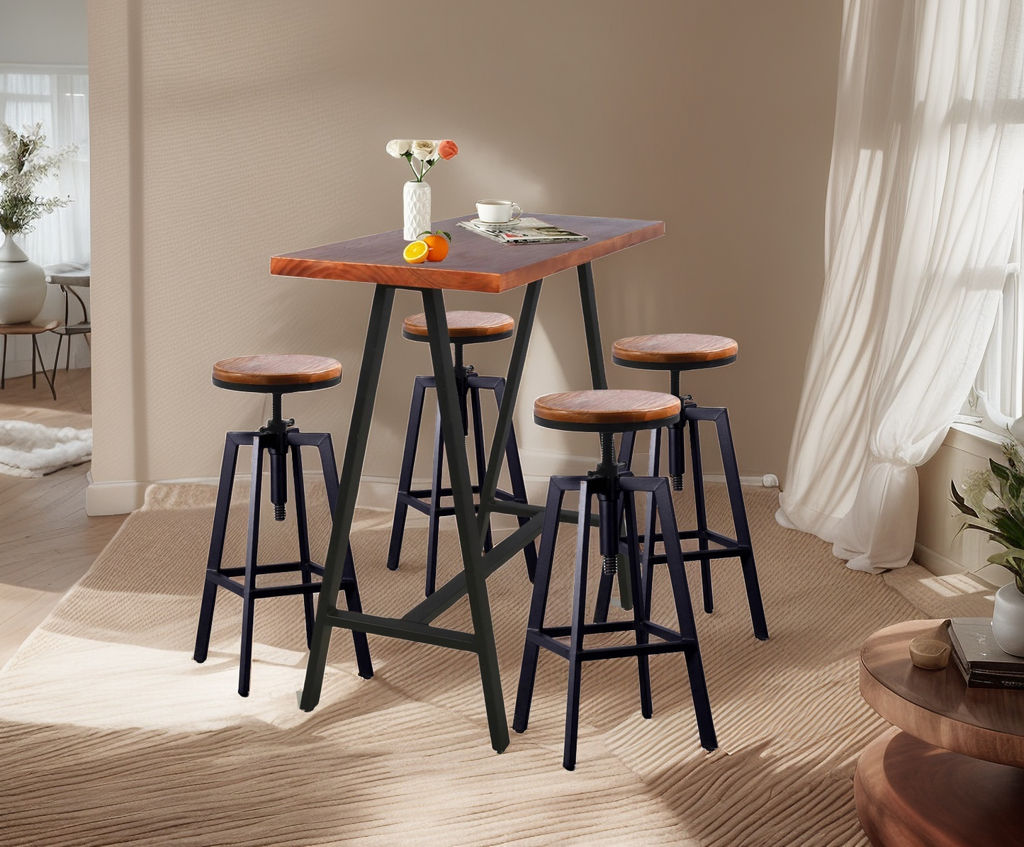 Set Of 5, Table & Chairs Set, Space-Saving Furniture for Home Bar Dining Cafe Pub Party, Industrial Black Metal & Rustic Brown Wood, Heavy Duty, A-leg Rectangular Table, 4 Swivel Adjustable Bar stools