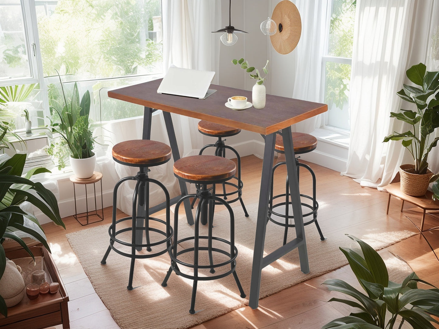 Set Of 5, Table & Chairs Set, Space-Saving Furniture for Home Bar Dining Cafe Pub Party, Industrial Black Metal & Rustic Brown Wood, Heavy Duty, A-leg Rectangular Table, 4 Swivel Adjustable Bar stools