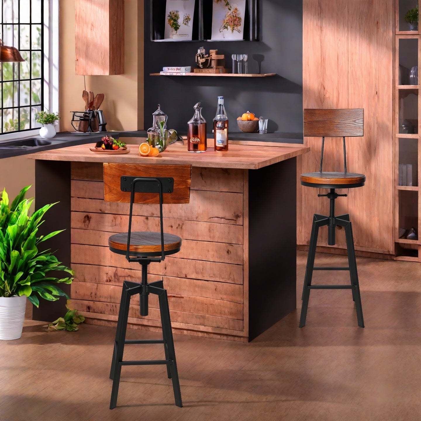 SET OF 2,24.8"-28.74" Tall Adjustable Swivel Stools with Backrest Industrial Farmhouse Bar Stools Home Kitchen Dining Breakfast Chair,Brown Seat Top