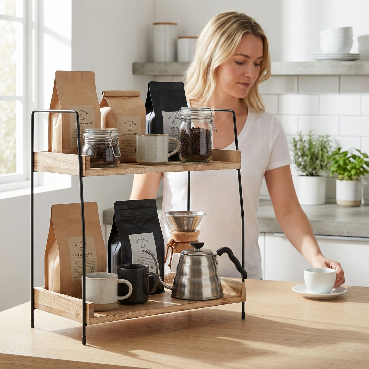 2-Tier Natural Solid Wood & Black Metal Countertop Organizer, 15" H Vertical Storage Rack for Kitchen, Bathroom & Office