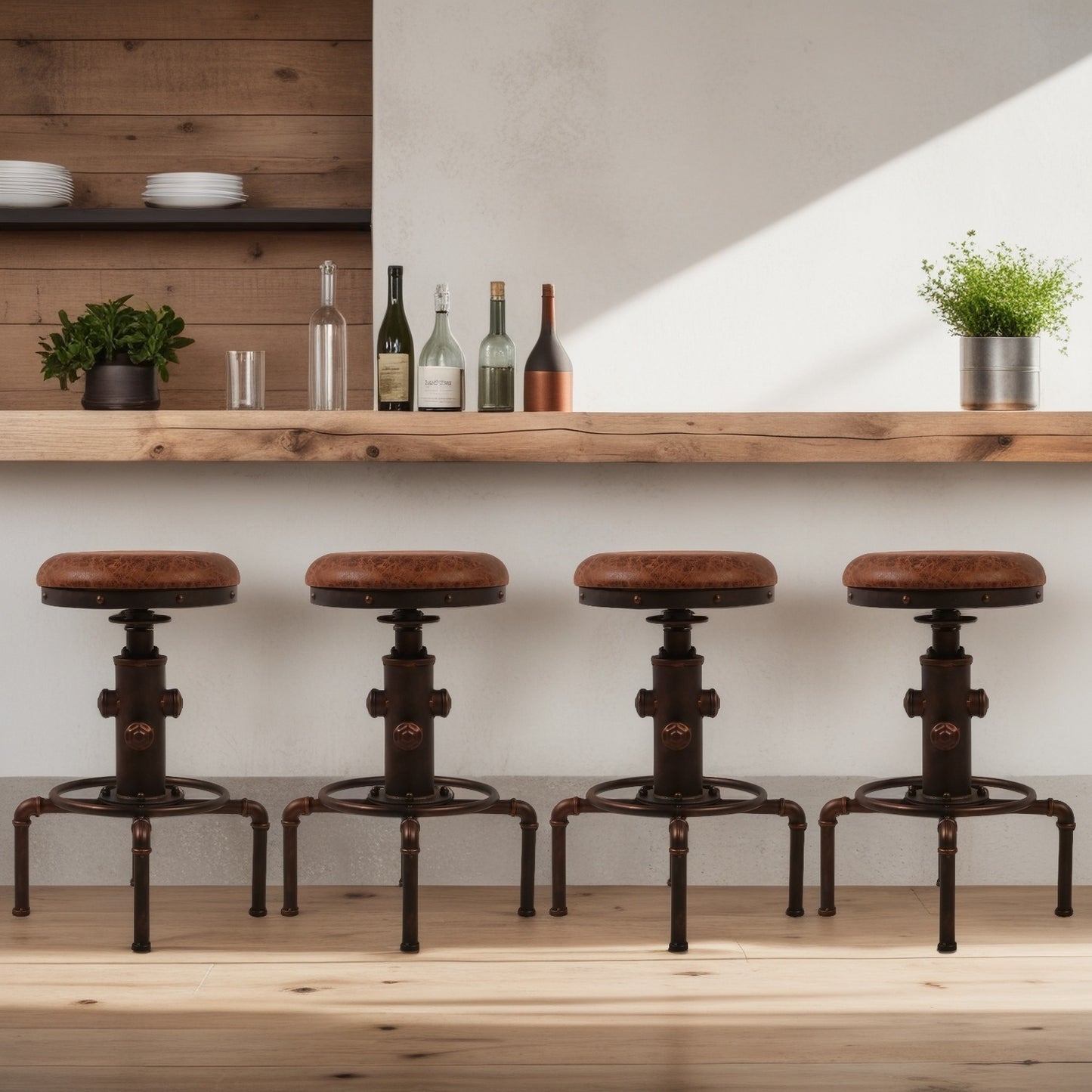 Set of 4,Antique Vintage Industrial Bar Stool PU Leather Water Pipe Fire Hydrant Design Cafe Coffee Industrial Bar Stool
