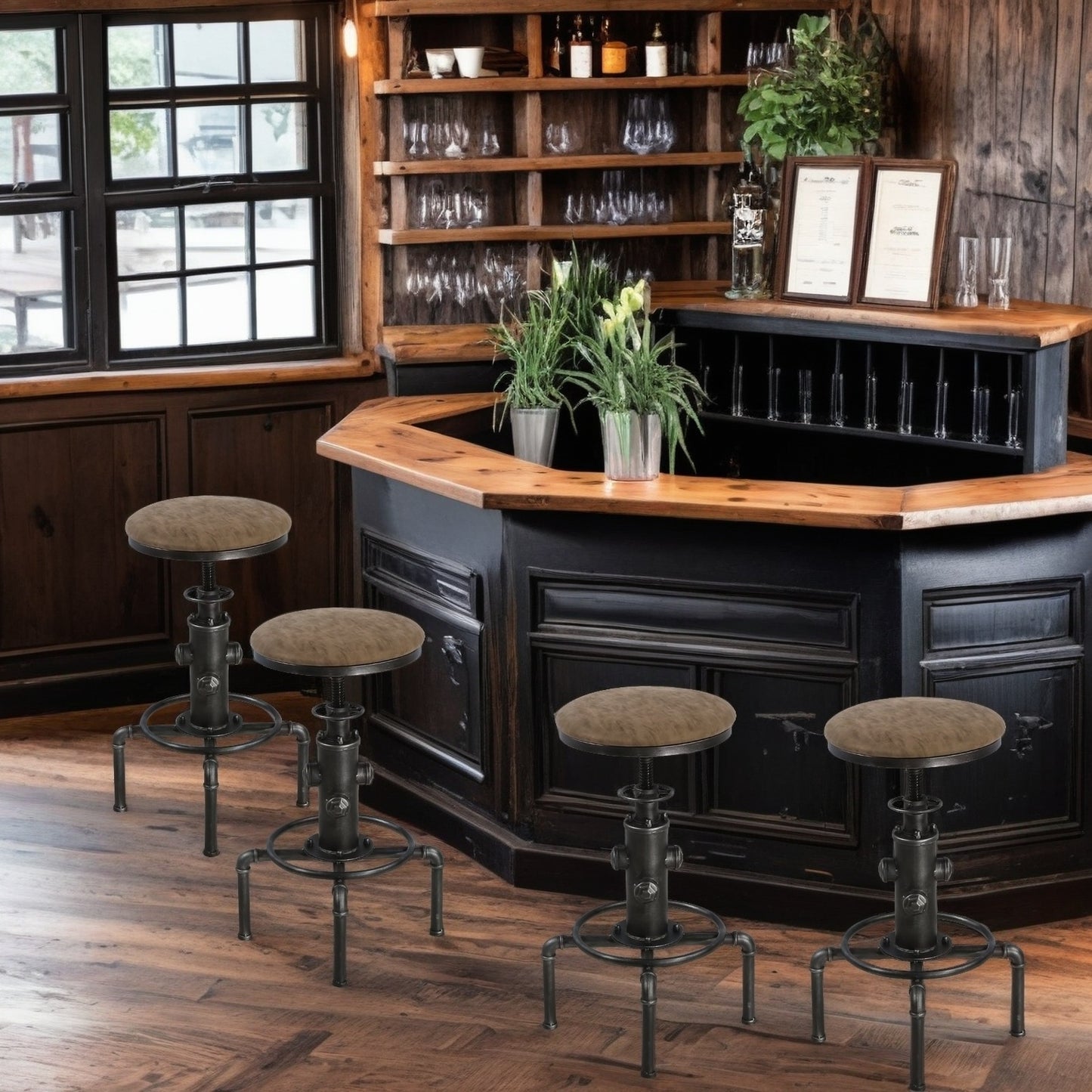 Set of 4,Antique Vintage Industrial Bar Stool PU Leather Water Pipe Fire Hydrant Design Cafe Coffee Industrial Bar Stool