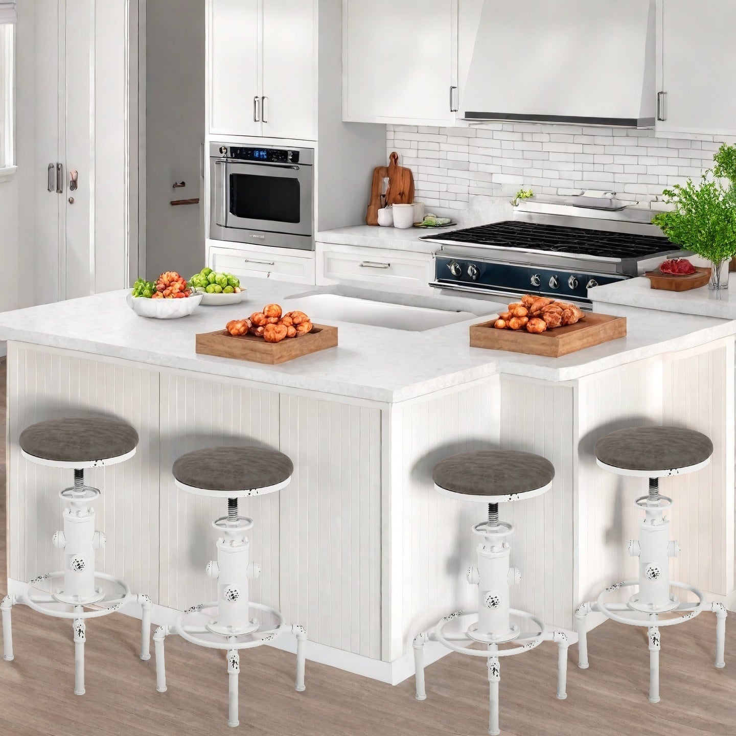 Set of 4,Antique Vintage Industrial Bar Stool PU Leather Water Pipe Fire Hydrant Design Cafe Coffee Industrial Bar Stool