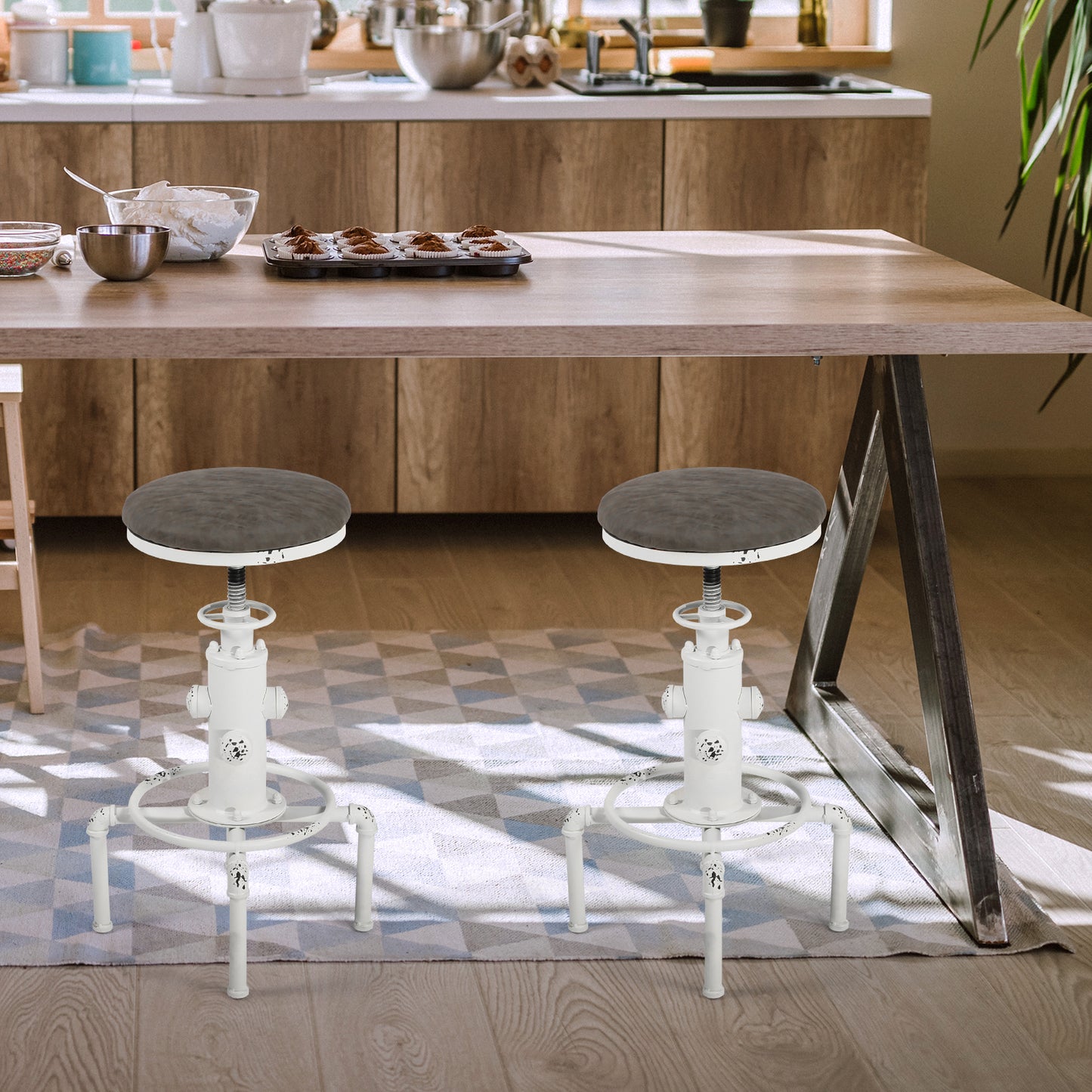 Set of 2,Antique Vintage Industrial Bar Stool PU Leather Water Pipe Fire Hydrant Design Cafe Coffee Industrial Bar Stool