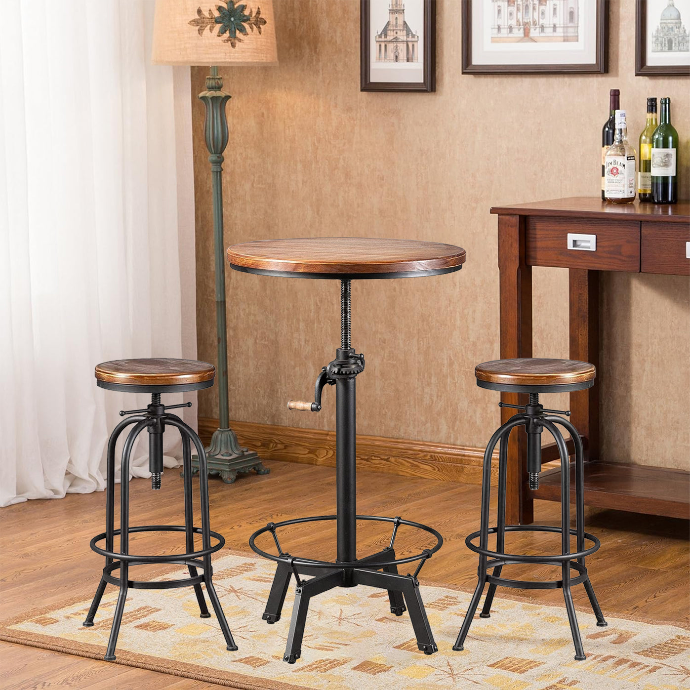 Crank Bar Table Stool Bundle (Table:33.5-39.4 Inch Tall) (Bar Stool:26-32 Inch),Vintage Industrial Style, Both Rotatable Adjustable