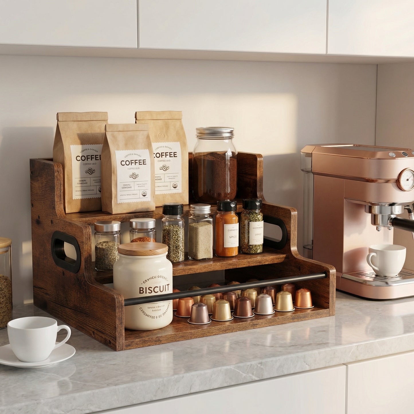 Rustic 3-Tier Wooden Countertop Organizer with Anti-Fall Bar, Multipurpose Coffee Bar Storage Rack for Spices, Liquor, K-Cups & Kitchen Essentials, 16" W x 12" D x 9.25" H