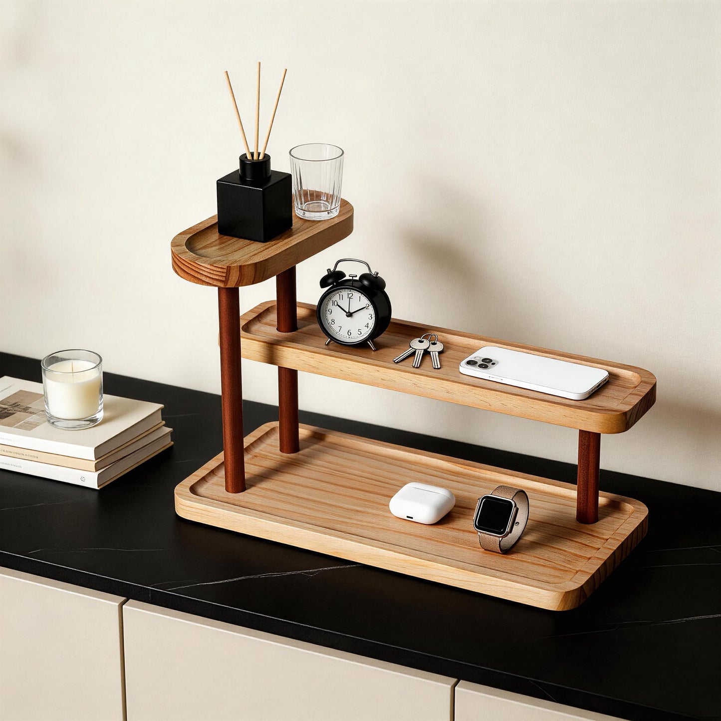 3-Tier Beech Wooden Countertop Organizer with Raised Edges, Freestanding Vanity Tray for Perfume, Skincare, Entryway Keys & Jewelry, 12.6" W x 6.3" D x 8.9" H