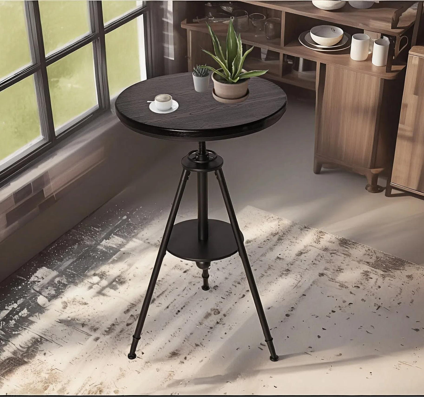 Industrial Bistro Table Vintage Cafe Table Farmhouse Round Dining Table for Kitchen Rustic Side Table Swivel Wooden Top 33.46-39.37inch Height Adjustable
