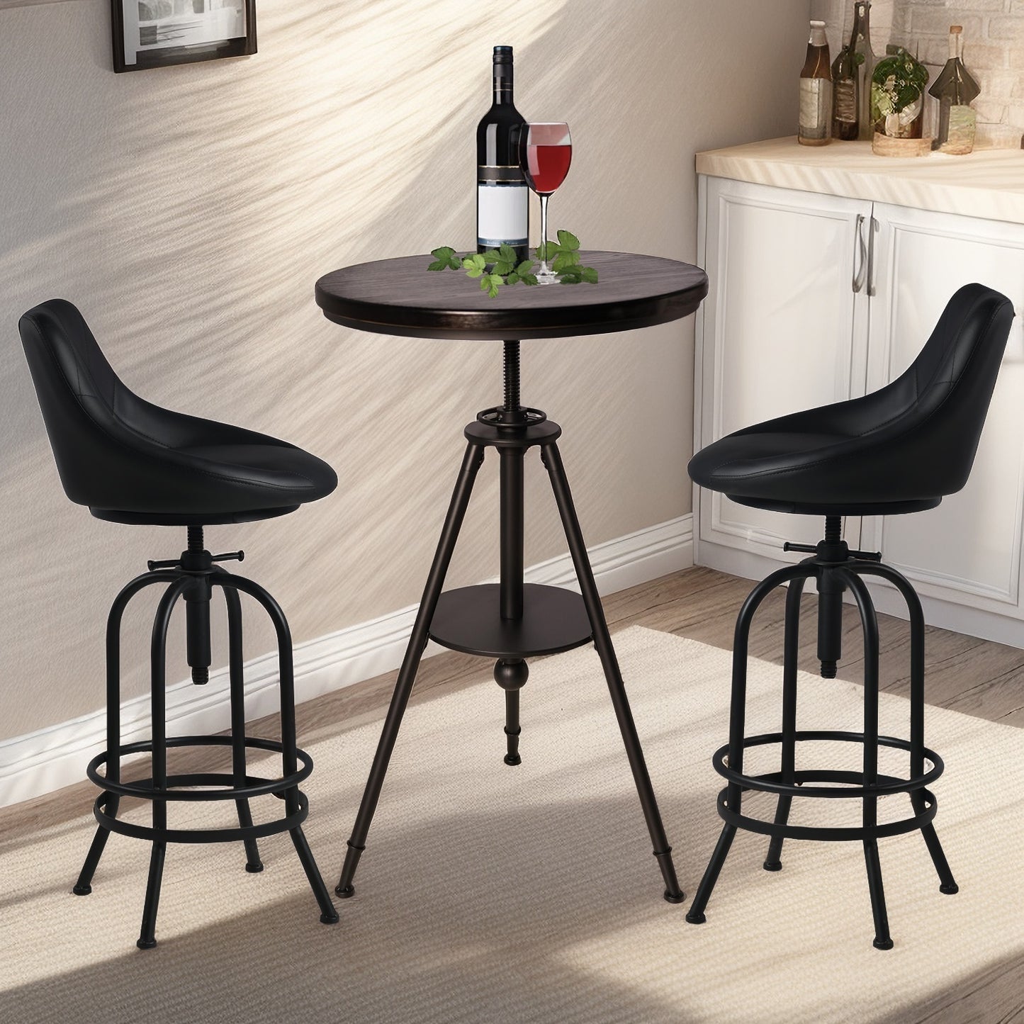 Set of 3,Industrial Bistro Table Set, Vintage Cafe Table With 2 Bar Stool with Leather Backrest For Living Room, Study, Dining Room, Swivel Wooden Top 33.46-39.37inch Height Adjustable,29.53-35.43inch Seat Height, Farmhouse Coffee Stool