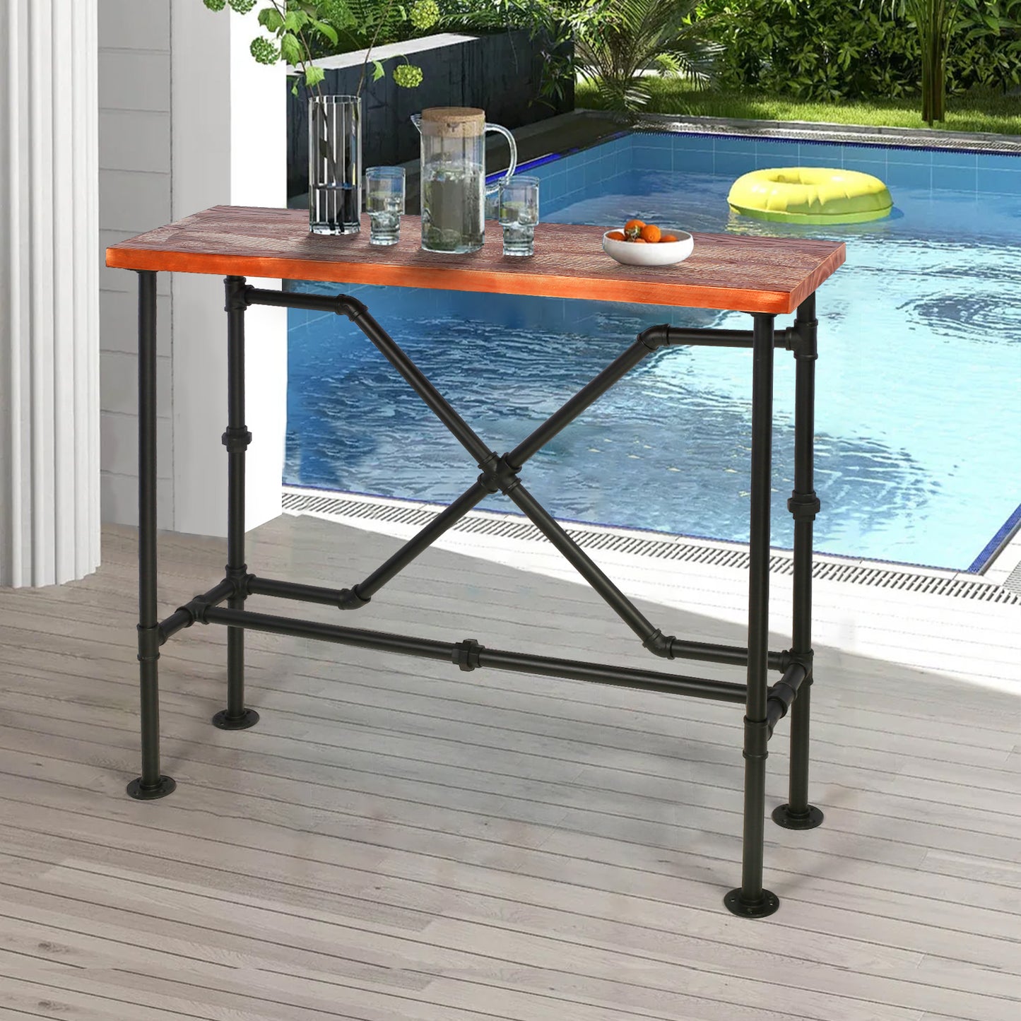 Bar Table, 47.24"L×41.33"H Bar Height Pub Table High Top Rectangular Sofa Console Table Kitchen Dining Coffee Table, for Narrow Space, Living Room, Indoor, Industrial Black Metal, Rustic Brown Wood