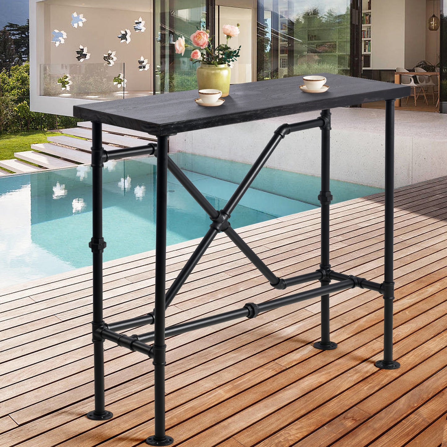 Bar Table, 47.24"L×41.33"H Bar Height Pub Table High Top Rectangular Sofa Console Table Kitchen Dining Coffee Table, for Narrow Space, Living Room, Indoor, Industrial Black Metal, Rustic Dark Brown Wood