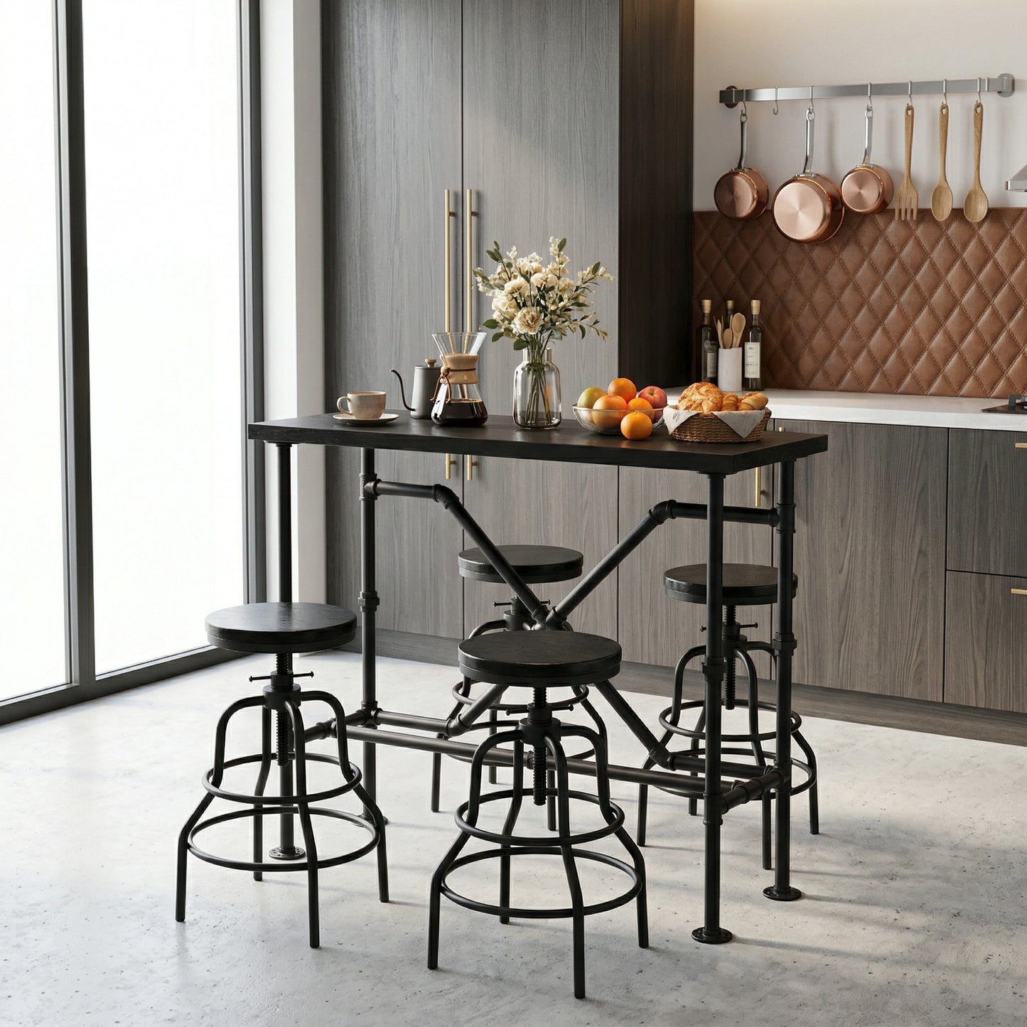 Industrial Bar Table and 4 Stools Set, Solid Pine Wood with Black Walnut Finish, Fixed Height Bar Height Table with Adjustable Stools for Kitchen, Dining Room, Home Bar & Cafe