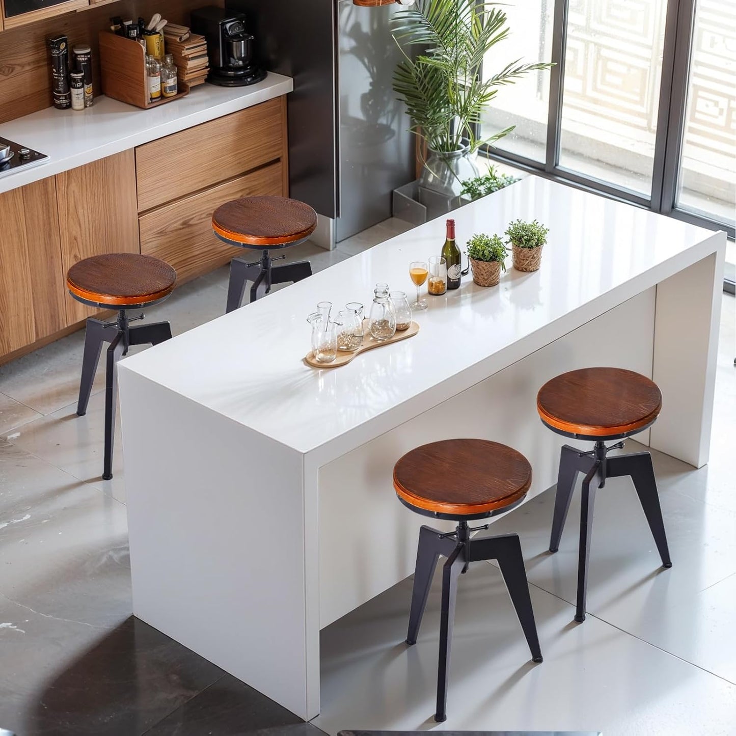 Set of 4 Industrial Retro Bar Stools Farmhouse Kitchen Island Bar Stool Counter Height Adjustable Bar Stool Swivel Dining Chair Rustic Metal Bar Stool 18-24inch