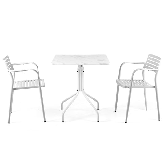Set of 3，Outdoor Patio Metal Dining Table Chair Sets， 27.5'' H Square Marbling Metal Table and 2 Armrest Stack-able Slat Chairs for Patio, Deck, Yard, Weather-Resistance-White