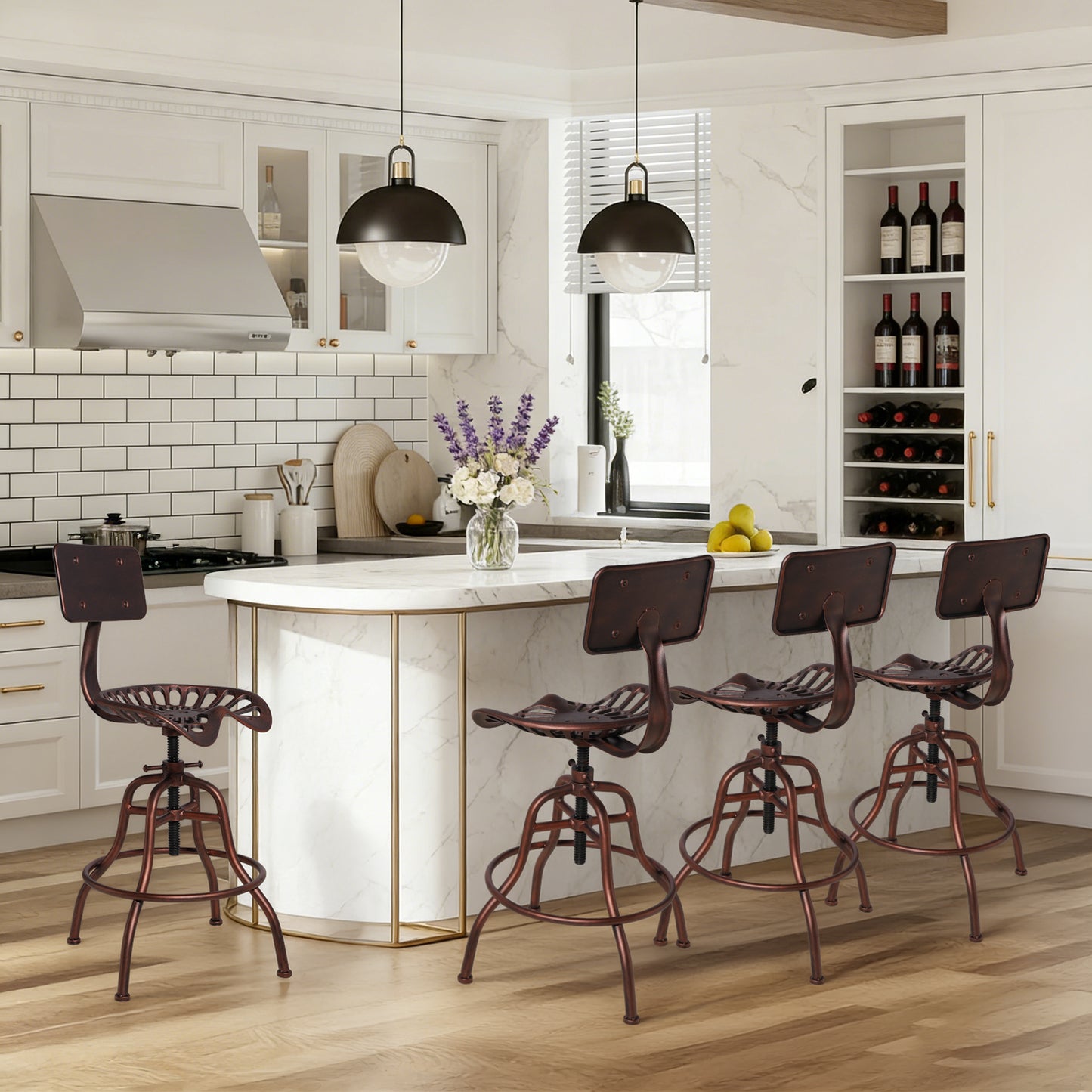 SET OF 1, Adjustable Industrial Home Bar Stools - Cast Iron Tractor Seat Swivel Metal Farmhouse Dining Stools - Counter & Pub Height 22.44" to 27.56" - Copper Finish