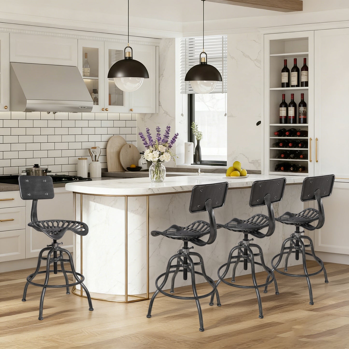 SET OF 1, Adjustable Industrial Home Bar Stools - Cast Iron Tractor Seat Swivel Metal Farmhouse Dining Stools - Counter & Pub Height 22.44" to 27.56" - Black with Brushed Silver Finish