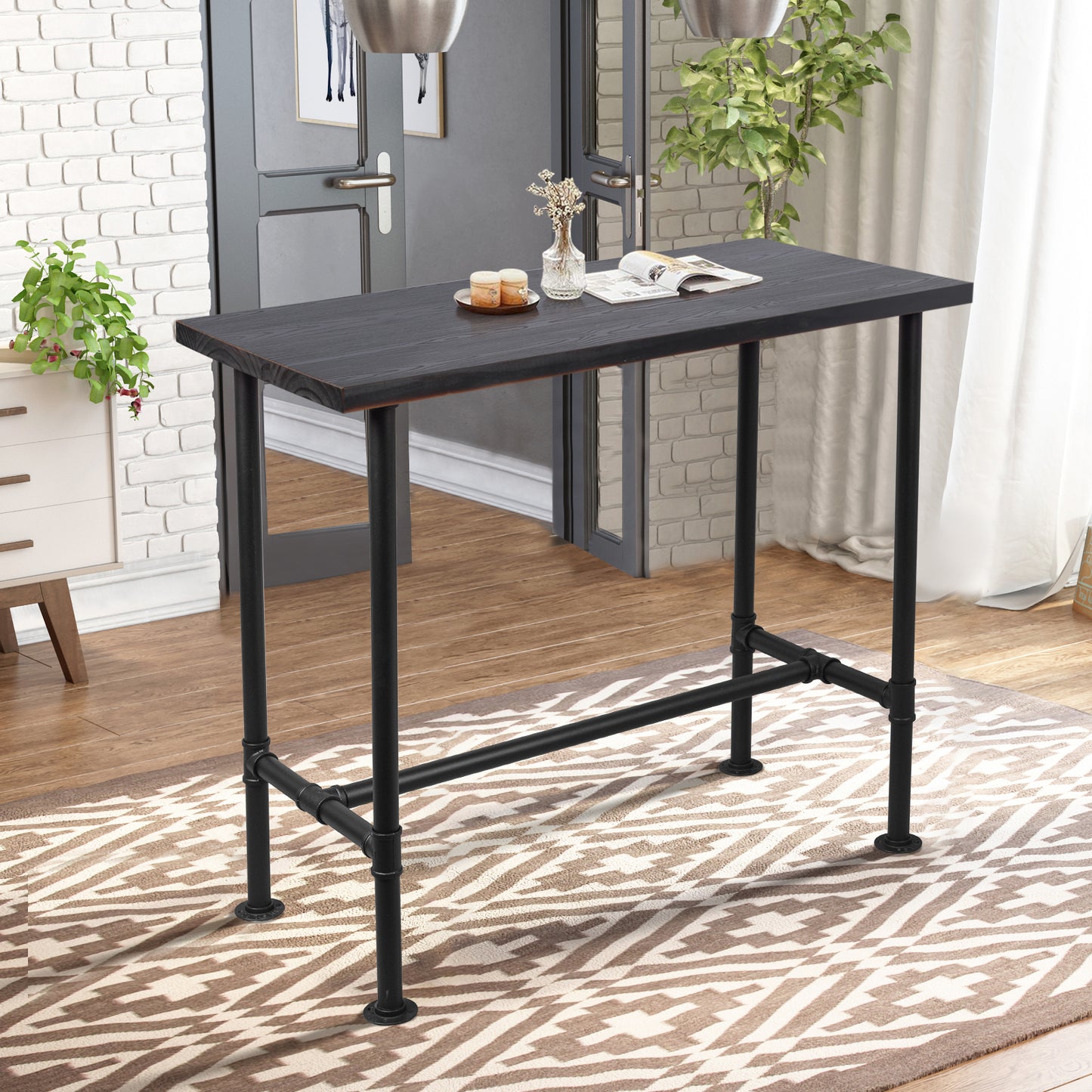 Industrial 41.3inch Height Bar Table Vintage Pipe Design Bistro Table Rustic Kitchen Dining Breakfast Desk Farmhouse Office Computer Desk Wooden Top Pub Coffee Table
