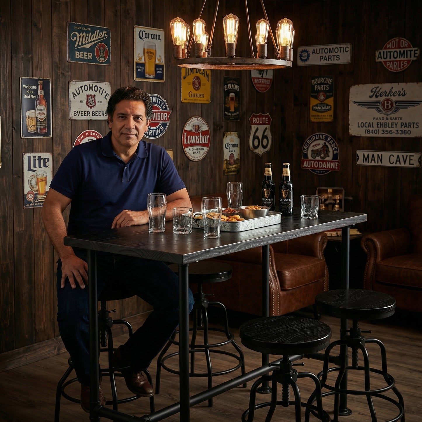 Industrial Bar Table and 4 Stools Set, Solid Pine Wood with Black Walnut Finish, Fixed Height Bar Height Table with Adjustable Stools for Kitchen, Dining Room, Home Bar & Cafe