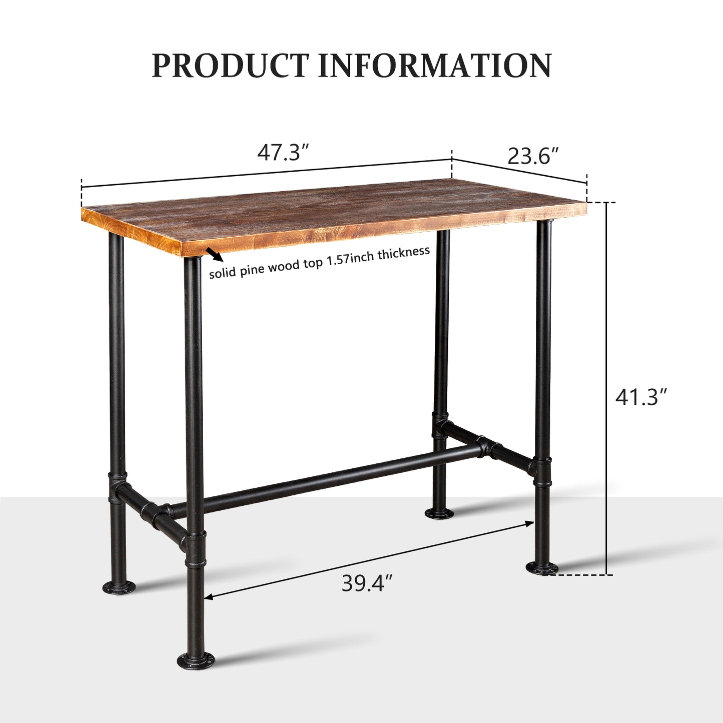 Industrial 41.3inch Height Bar Table Vintage Pipe Design Bistro Table Rustic Kitchen Dining Breakfast Desk Farmhouse Office Computer Desk Wooden Top Pub Coffee Table(Desktop:47.3"*23.6")