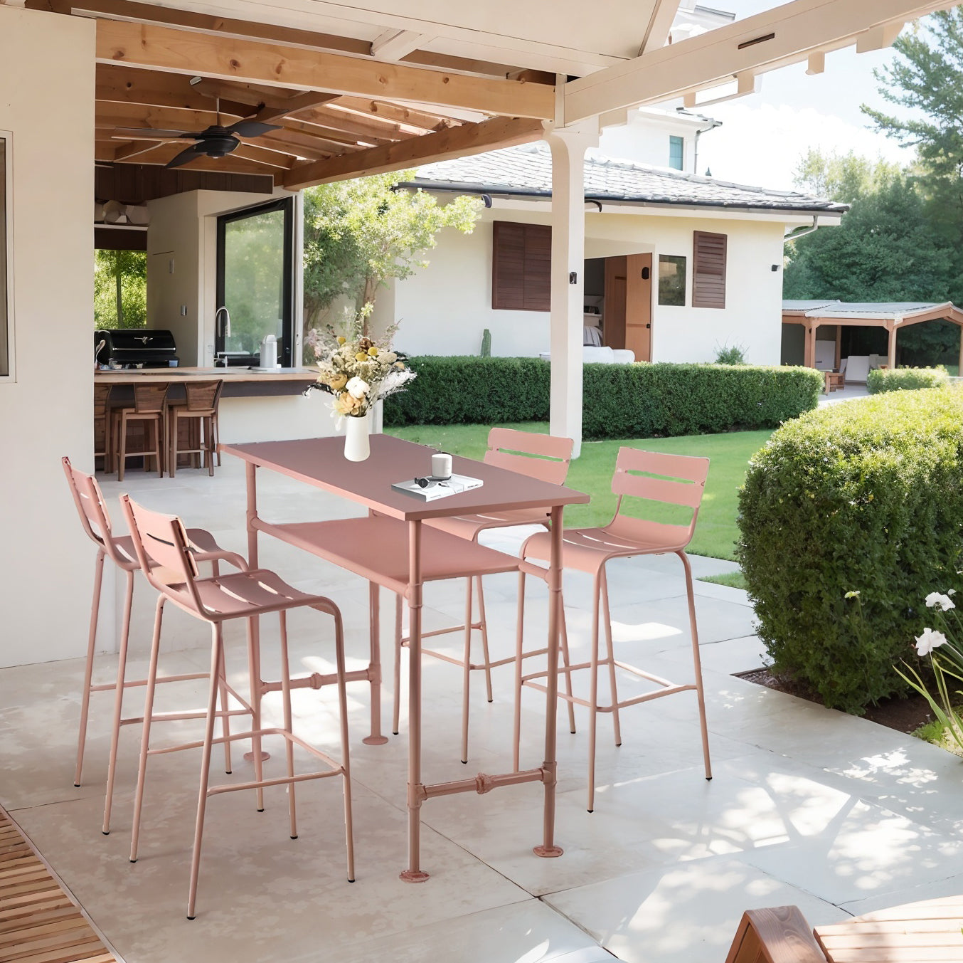 Set of 4,Modern Patio Table with High Patio Chairs for Outdoor Indoor Retro Bar Table Set for Home Kitchen Industrial Metal Coffee Table Set with Chair