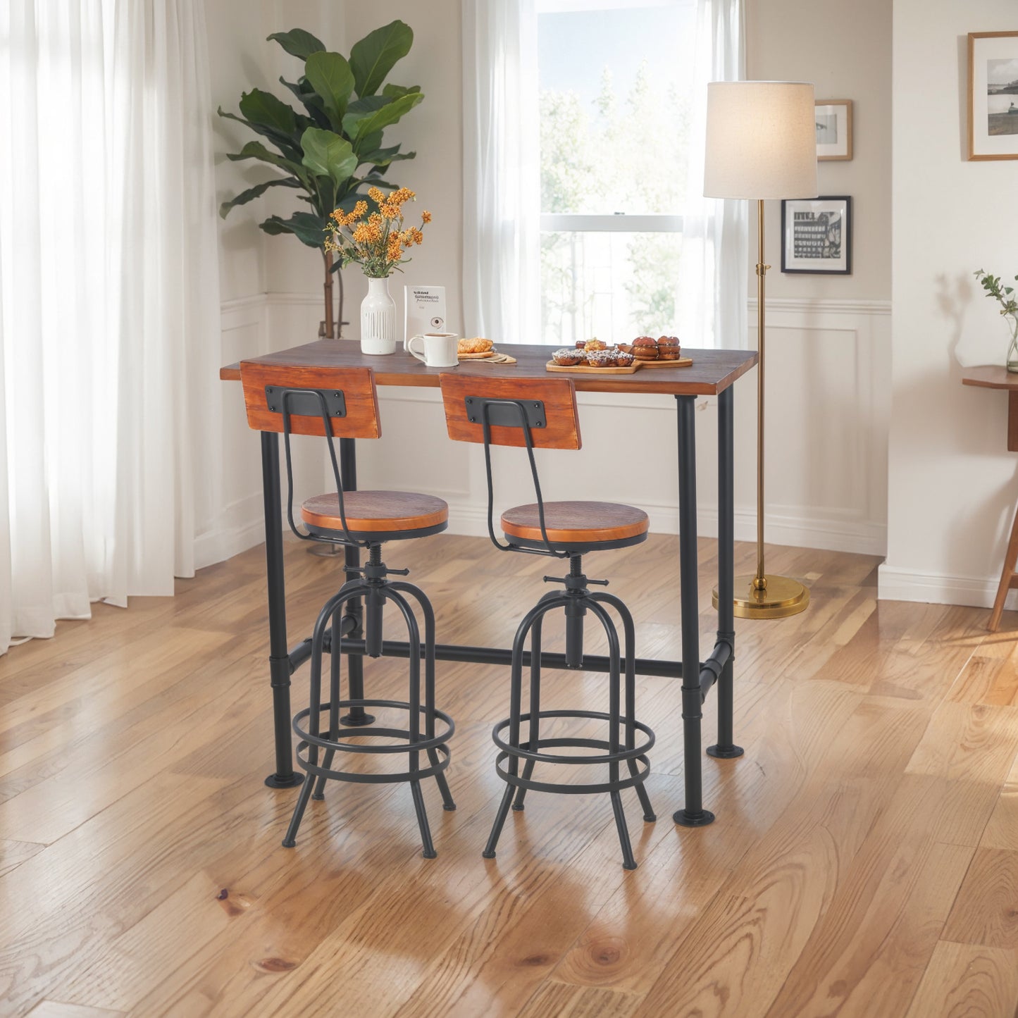 SET OF 3,Industrial Bar Table Set with Swivel Bar Stools - Rustic Pub Height Table and Chairs for Kitchen, Dining Room, Small Space, Home Bar - Wooden Top and Metal Frame