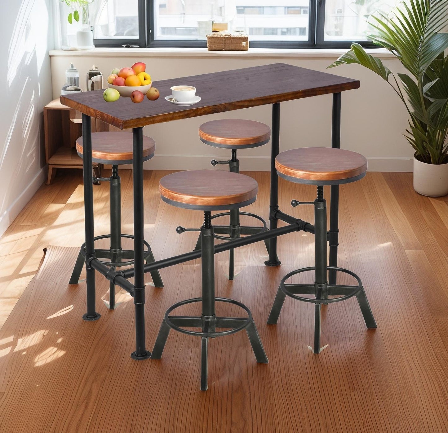SET OF 5,Industrial Bar Table Set with Swivel Bar Stools - Rustic Pub Height Table and Chairs for Kitchen, Dining Room, Small Space, Home Bar - Wooden Top and Metal Frame