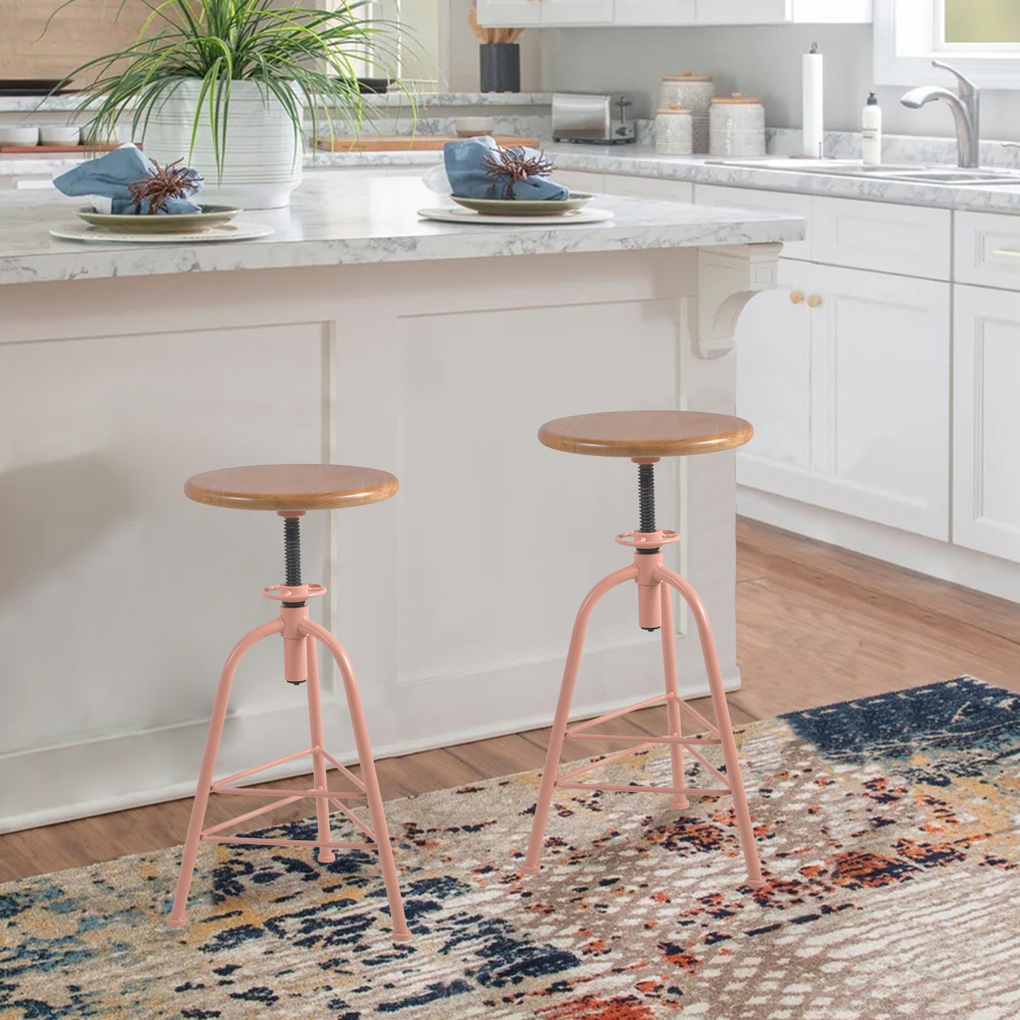 Set of 2 ,Solid Wood Metal Breakfast Stools, 24.41"-28.35" Barstools for Dining Room Kitchen Home Counter Bar Height Adjustable Swivel Round Seat 3 Legs