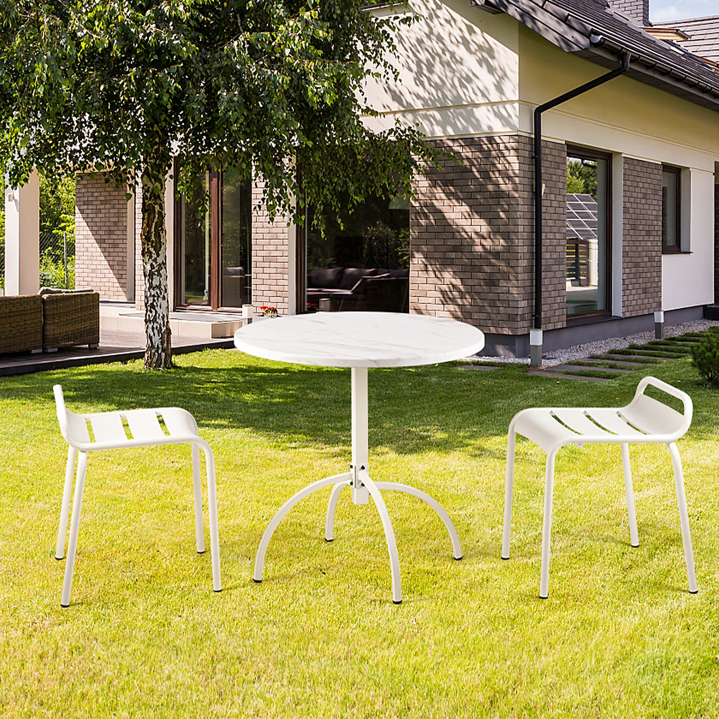 Set of 3,Outdoor Patio Metal Dining Table Chair Sets,29.5'' H Round Marbling Metal Table and 2 Chairs with low-back for Patio, Deck, Yard, Weather-Resistance-White